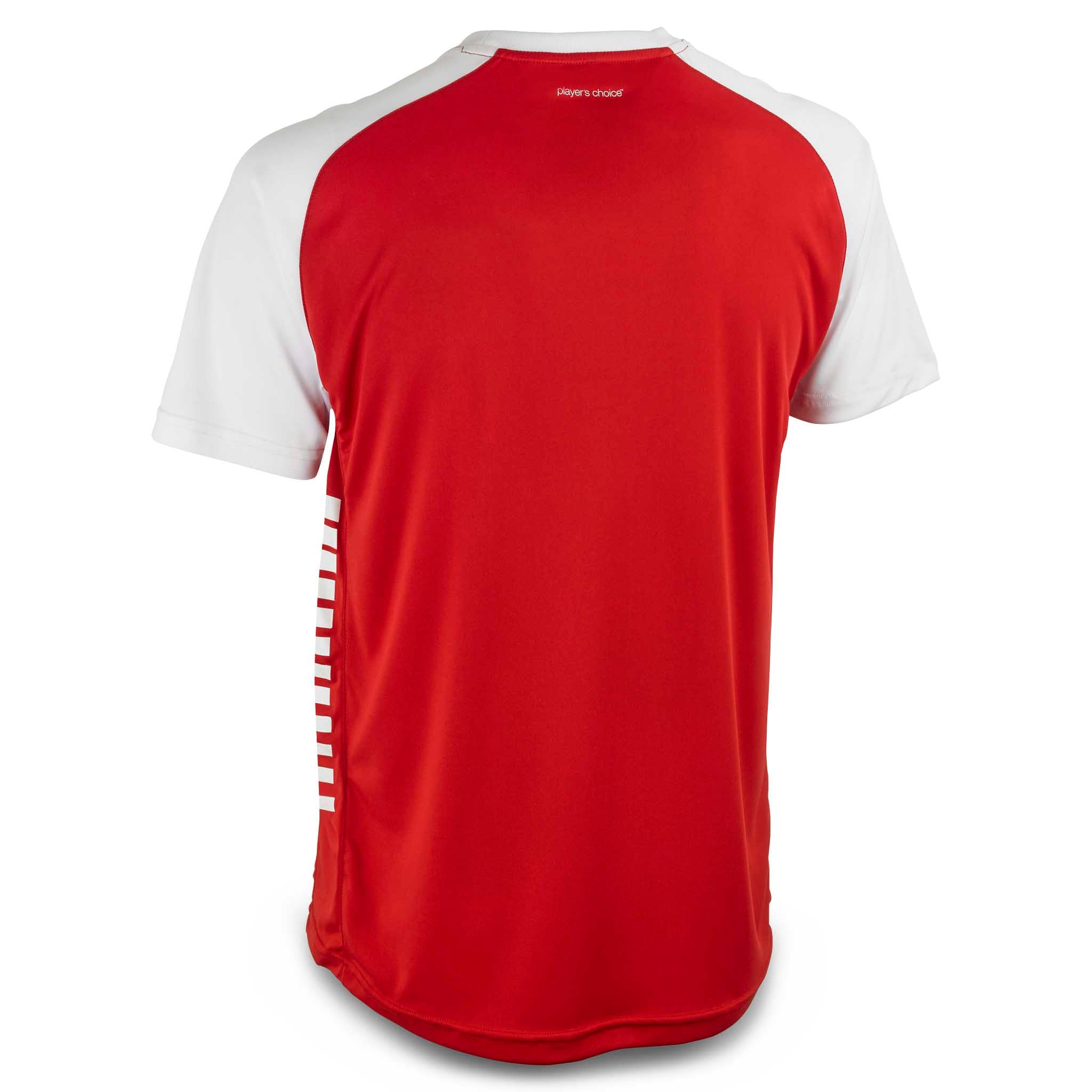 Player shirt S/S Pisa X, kamp- og træningstøj, bagside. Rød fodboldtrøje med hvide ærmer og skuldre.