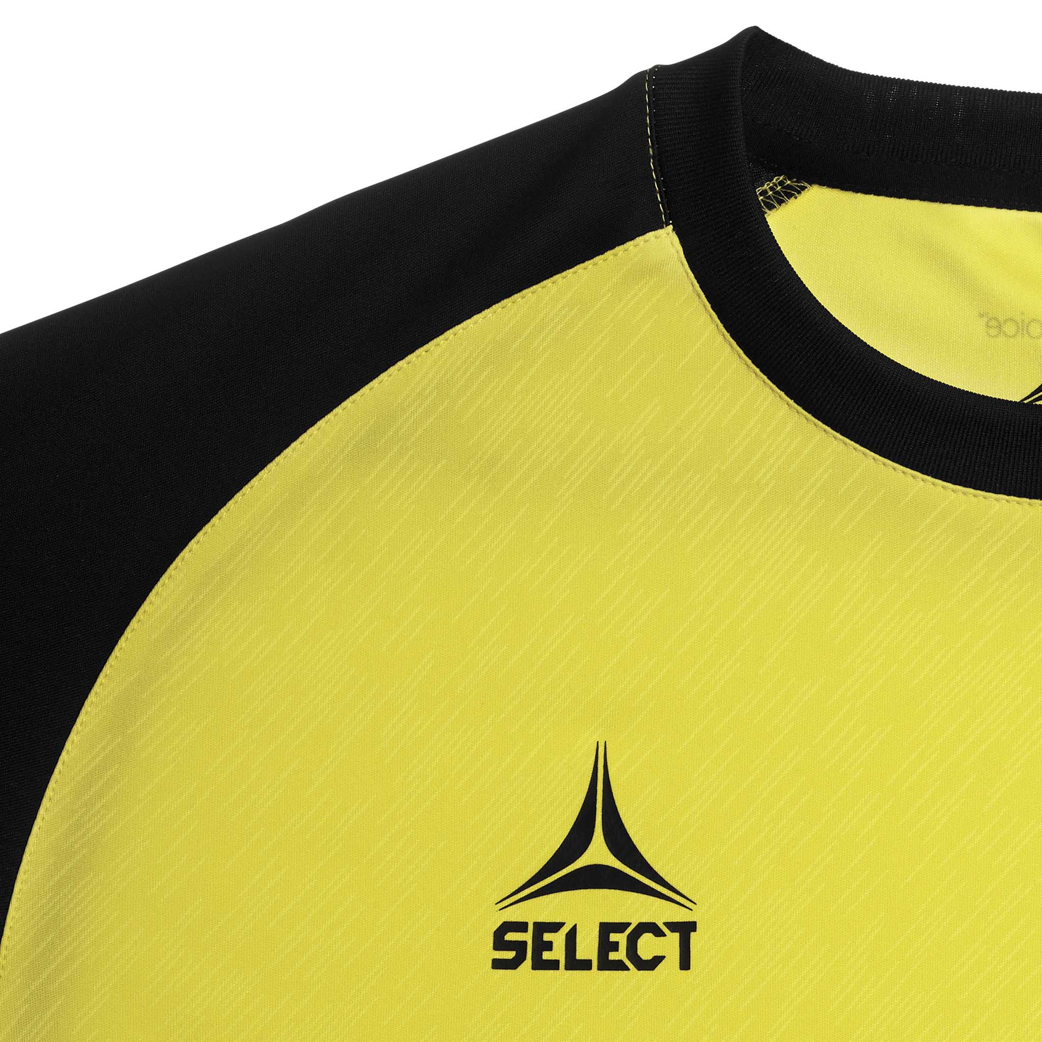 Nærbillede af gul og sort Player shirt S/S Pisa X, fodbold Match & Training wear, med logodetalje.