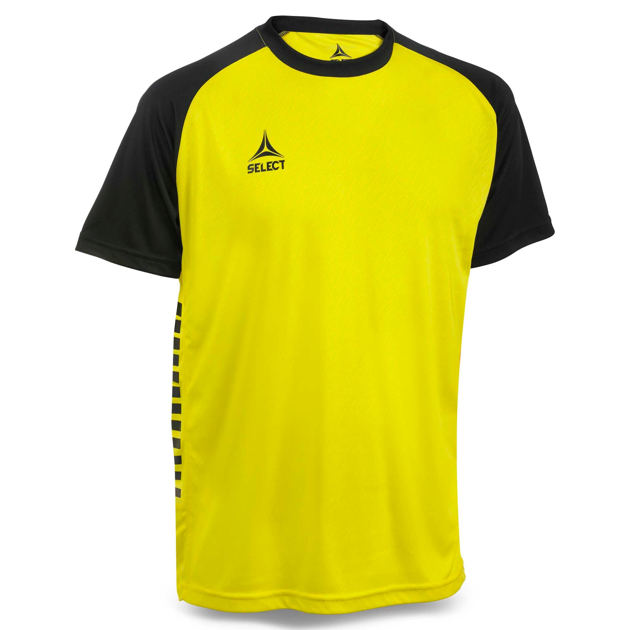 Forside af Player shirt S/S Pisa X, Kamp- og træningstøj, i gul med sorte skuldre og ærmer til fodbold.