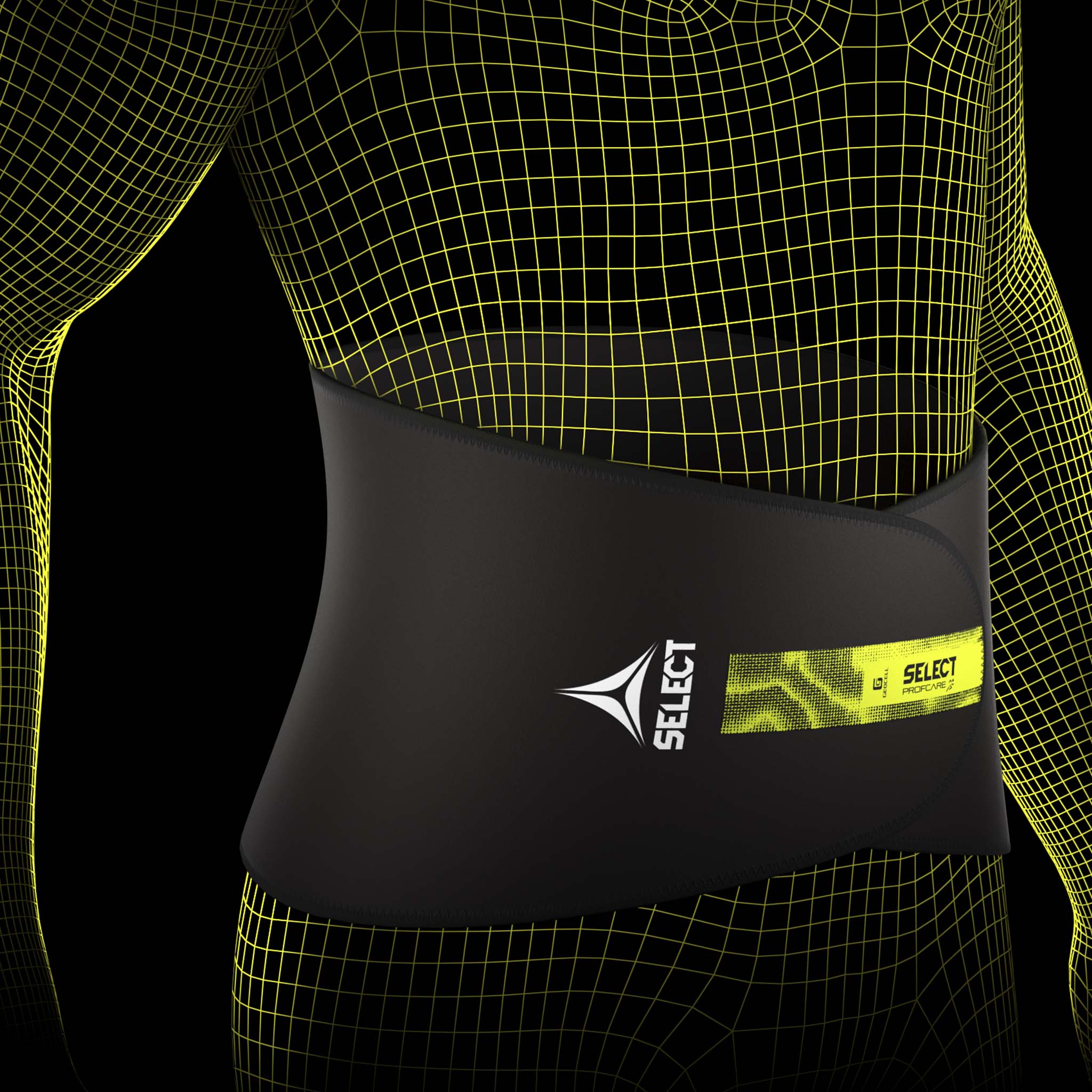 Sort Back support sportsstøtte med grønt logo, båret på torso af mandlig fodboldspiller, modelvisning.