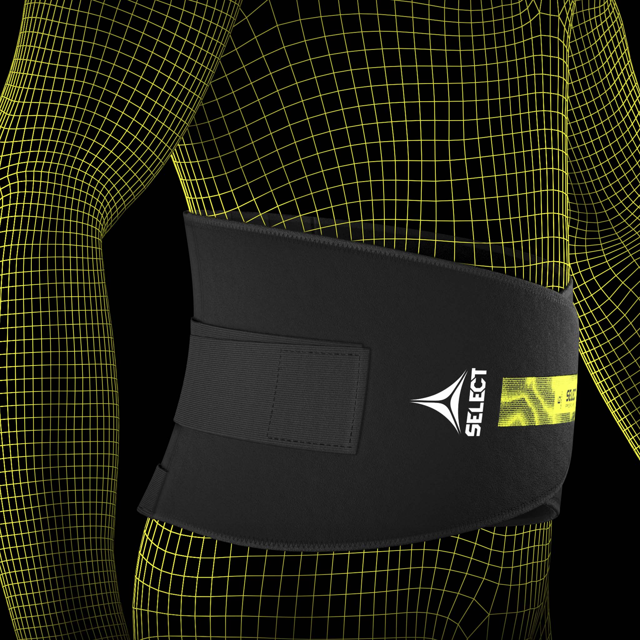 Sort Back support Splint sportsstøtte med grønne detaljer, båret på models lænd, set fra siden.