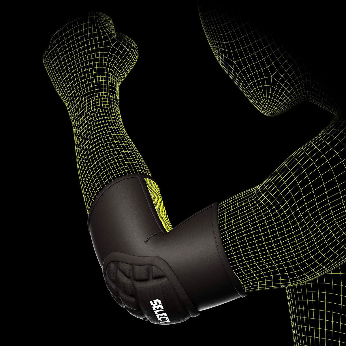Elbow Protection 1 sportsstøtte i sort med grønt logo, båret på arm, model set forfra.