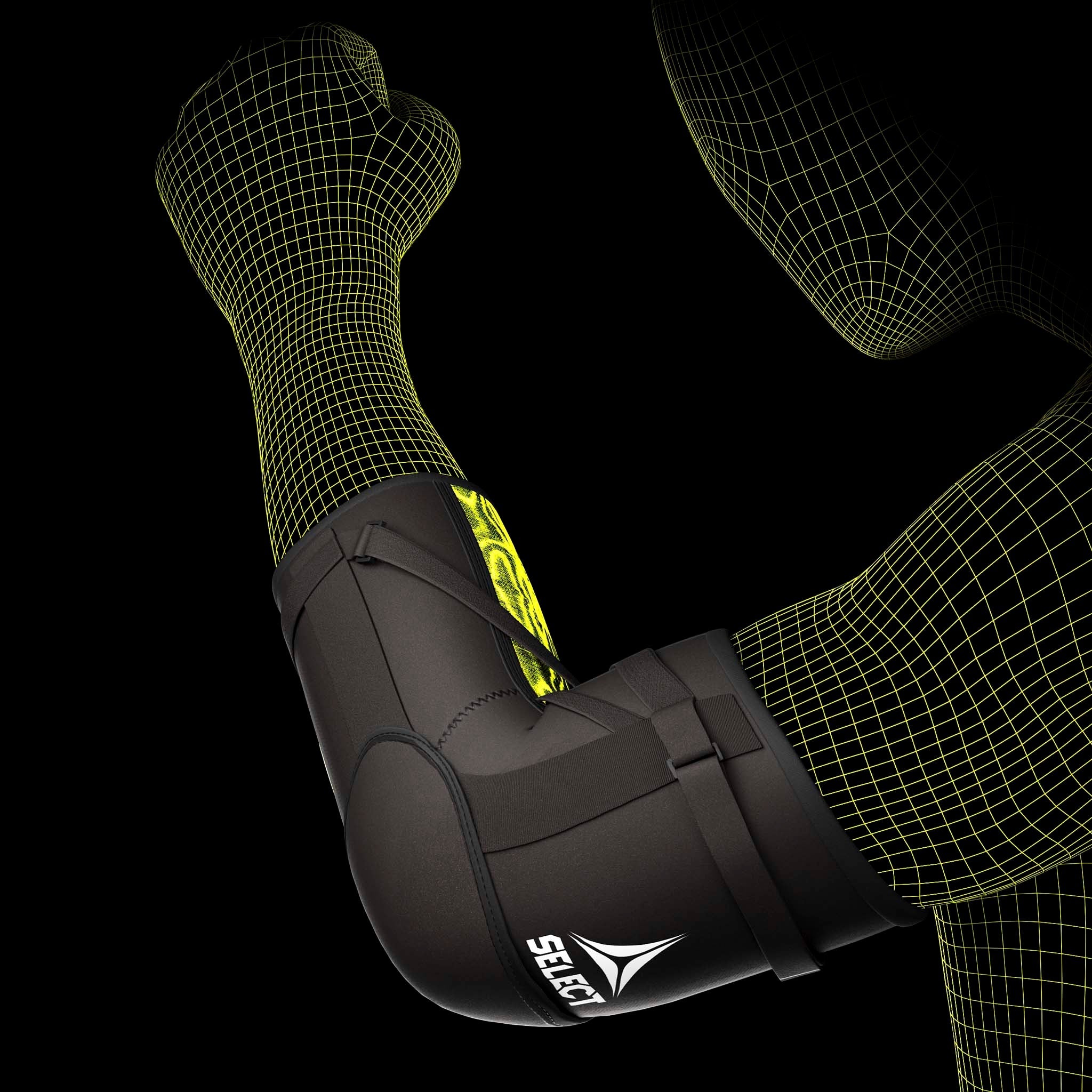 Sort og grøn Elbow Support Splint sportsstøtte båret på en models arm