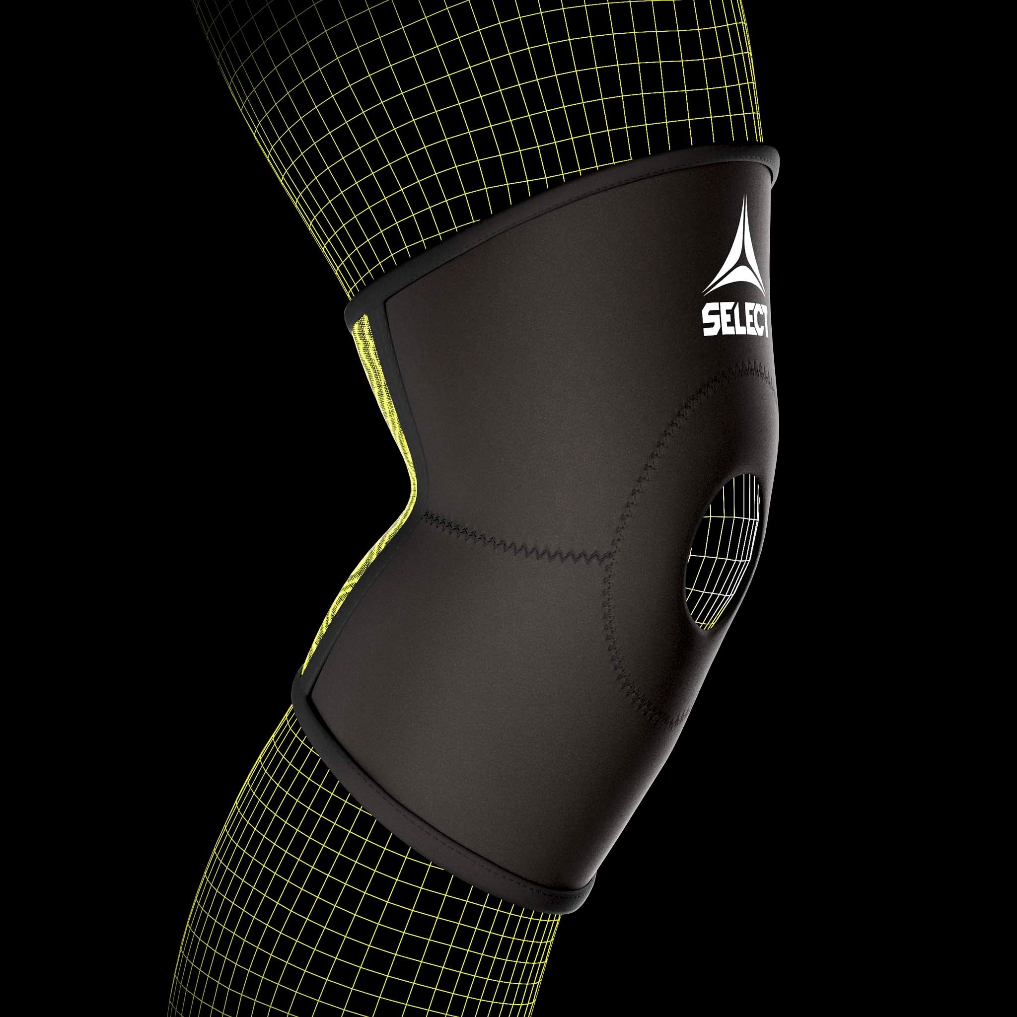 Sort Knee Support Patella sportsstøtte med grønne detaljer og patellaåbning, vist på en models ben.