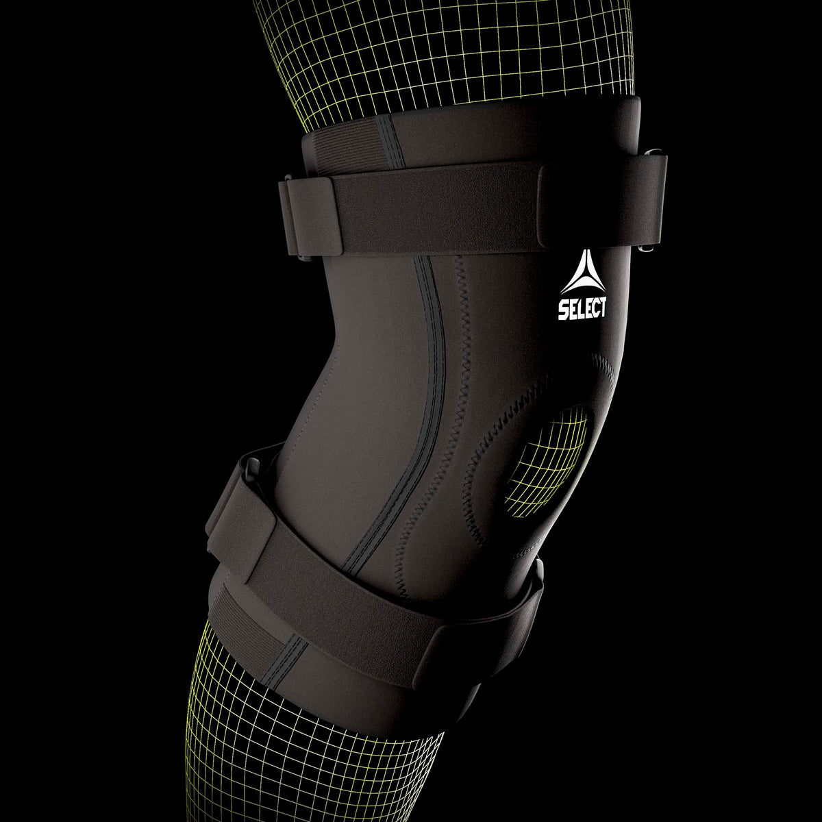 Sorte Knee Support Splints, sports support, vist på en models knæ, nærbillede af skinnen med remme