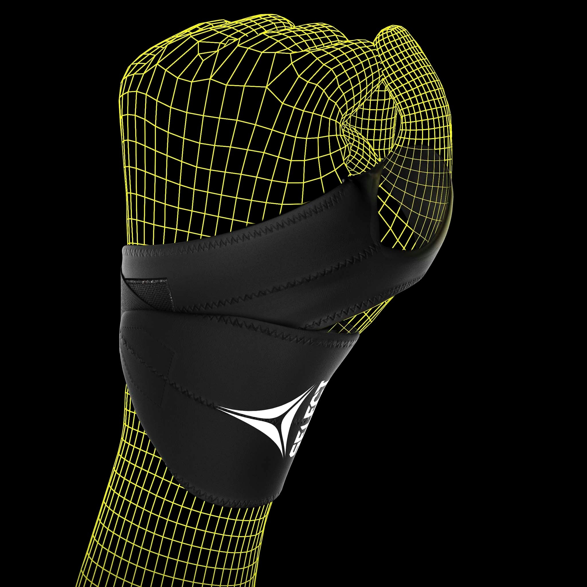 Sort Wrist Support 1 sportsstøtte med hvidt logo, vist på en models håndled i et gult wireframe.