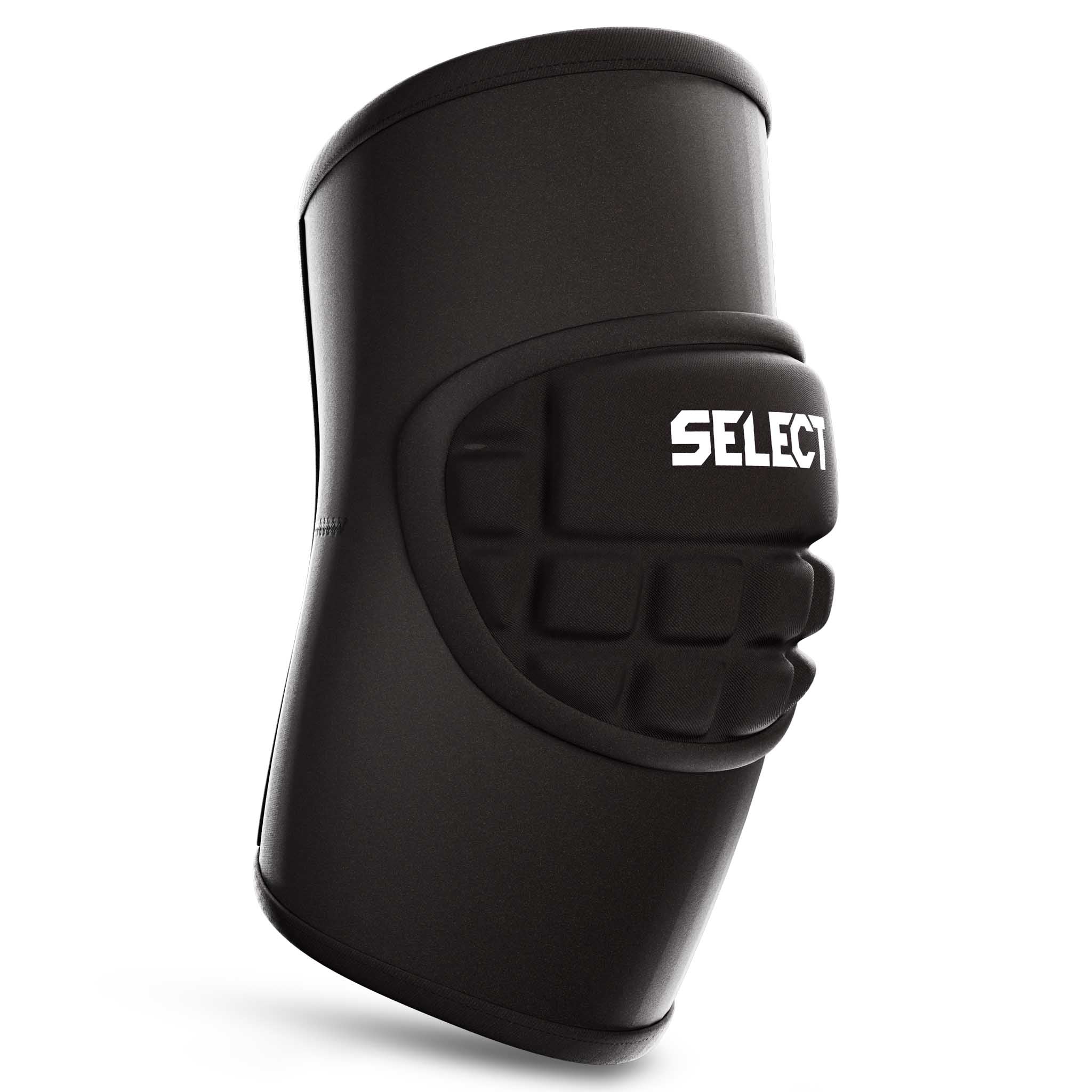 Elbow Protection 1, sort sports support med hvidt logo og polstret front, vist fra forsiden.