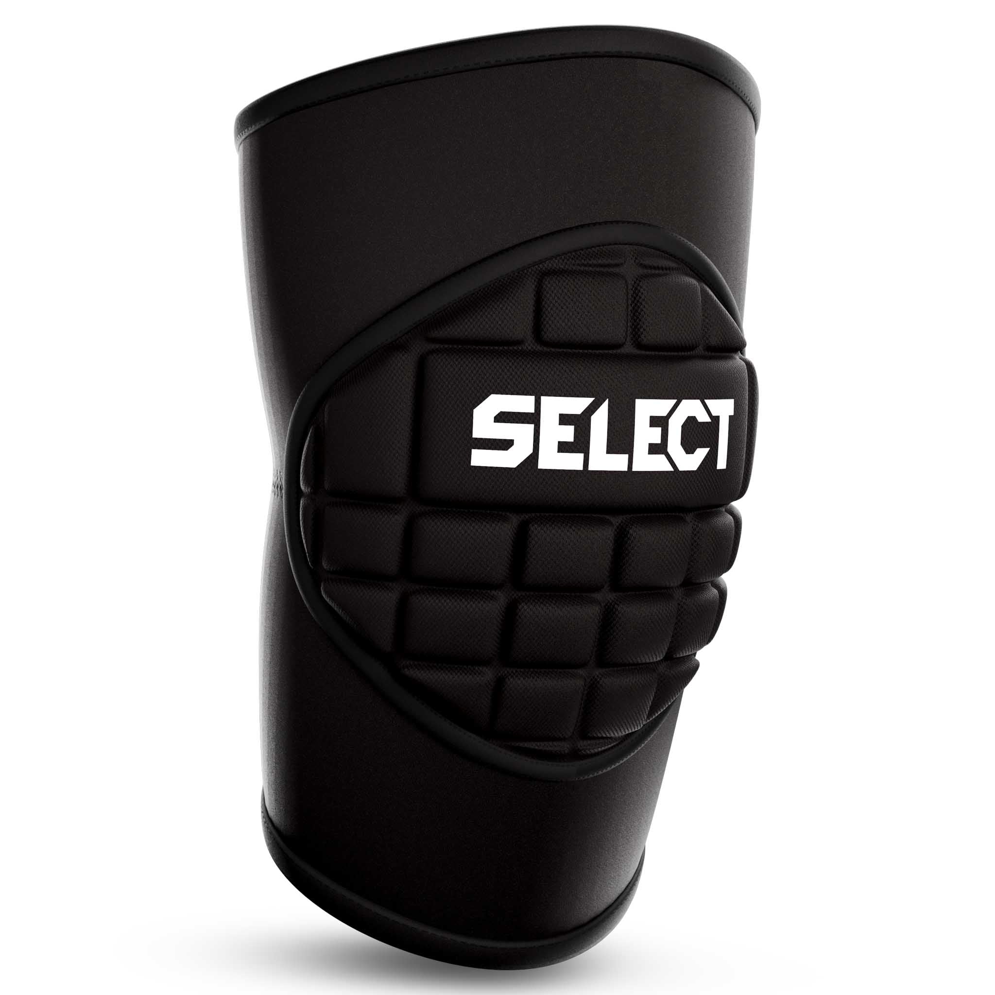 Forside af sort Knee Protection 1 sportsstøtte med hvidt Select-logo og polstret front