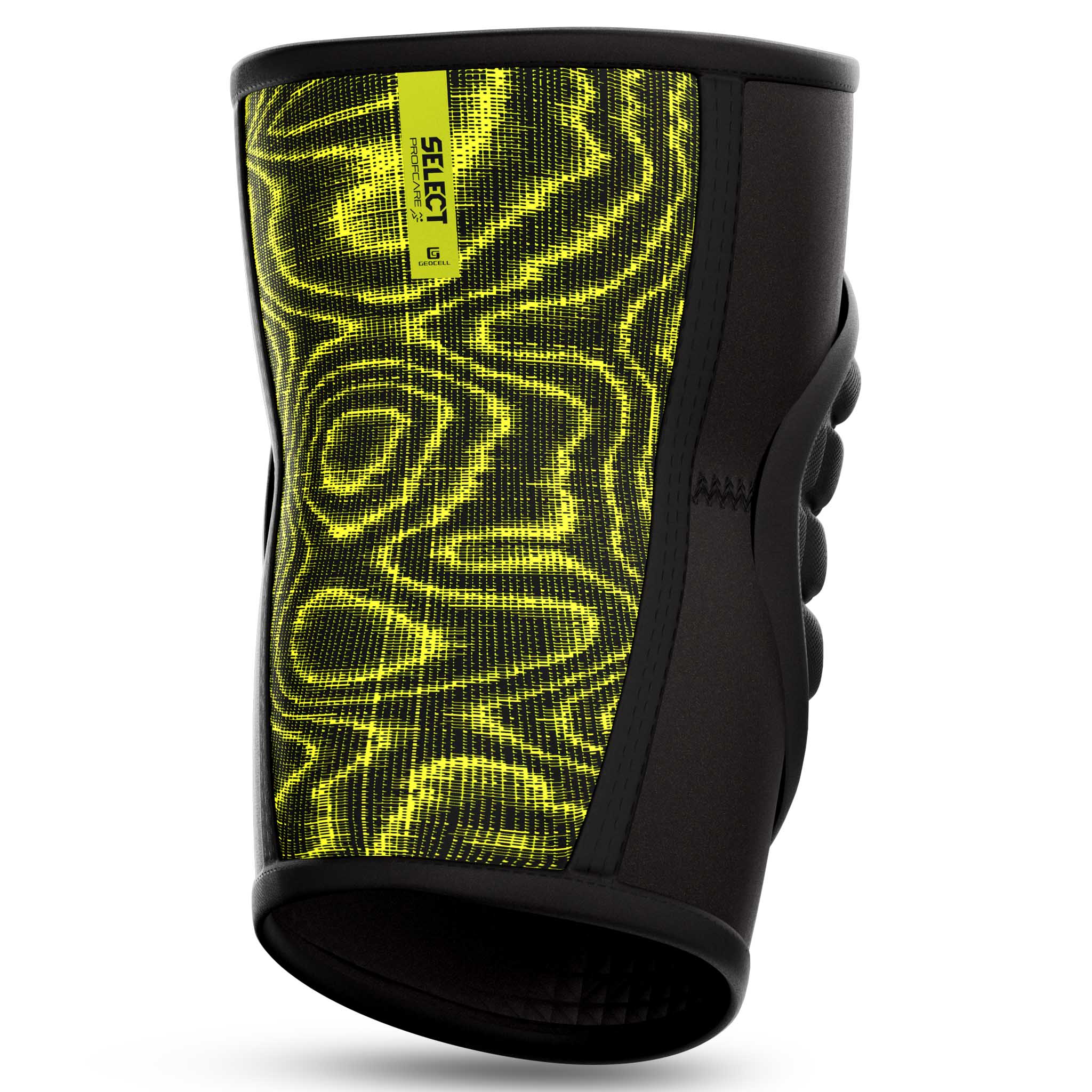 Knee Protection 2 sportsstøtte, bagside, sort med grønt bølgemønster.
