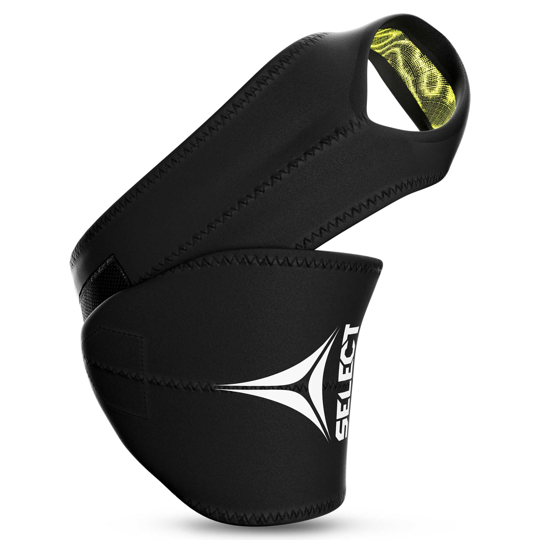 Forside af Wrist Support 1, en sort sportsstøtte med hvidt logo og grøn inderside.