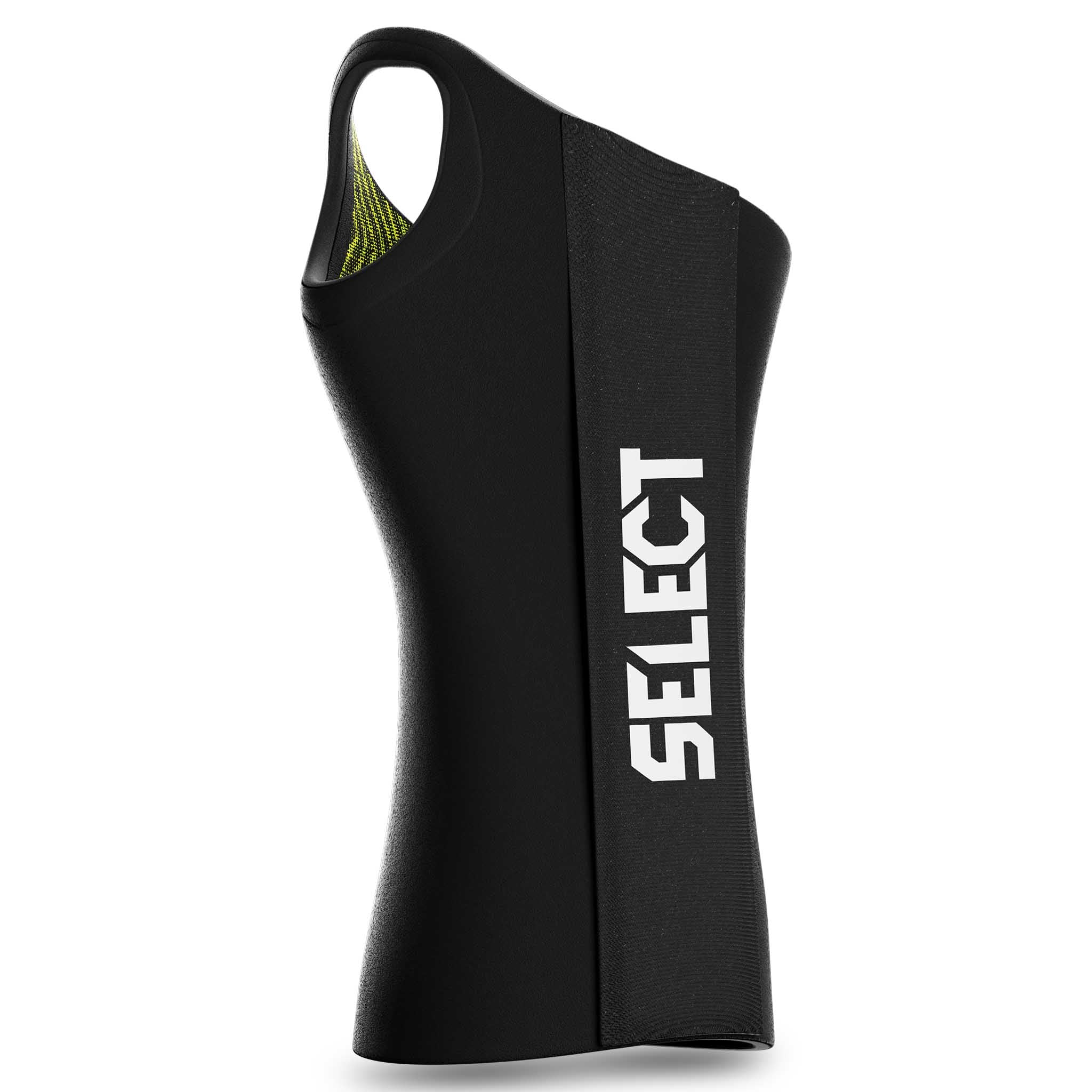 Forfra-billede af sort Select Wrist Support 3 R, en sportsstøtte til fodbold med grønt inderfor.