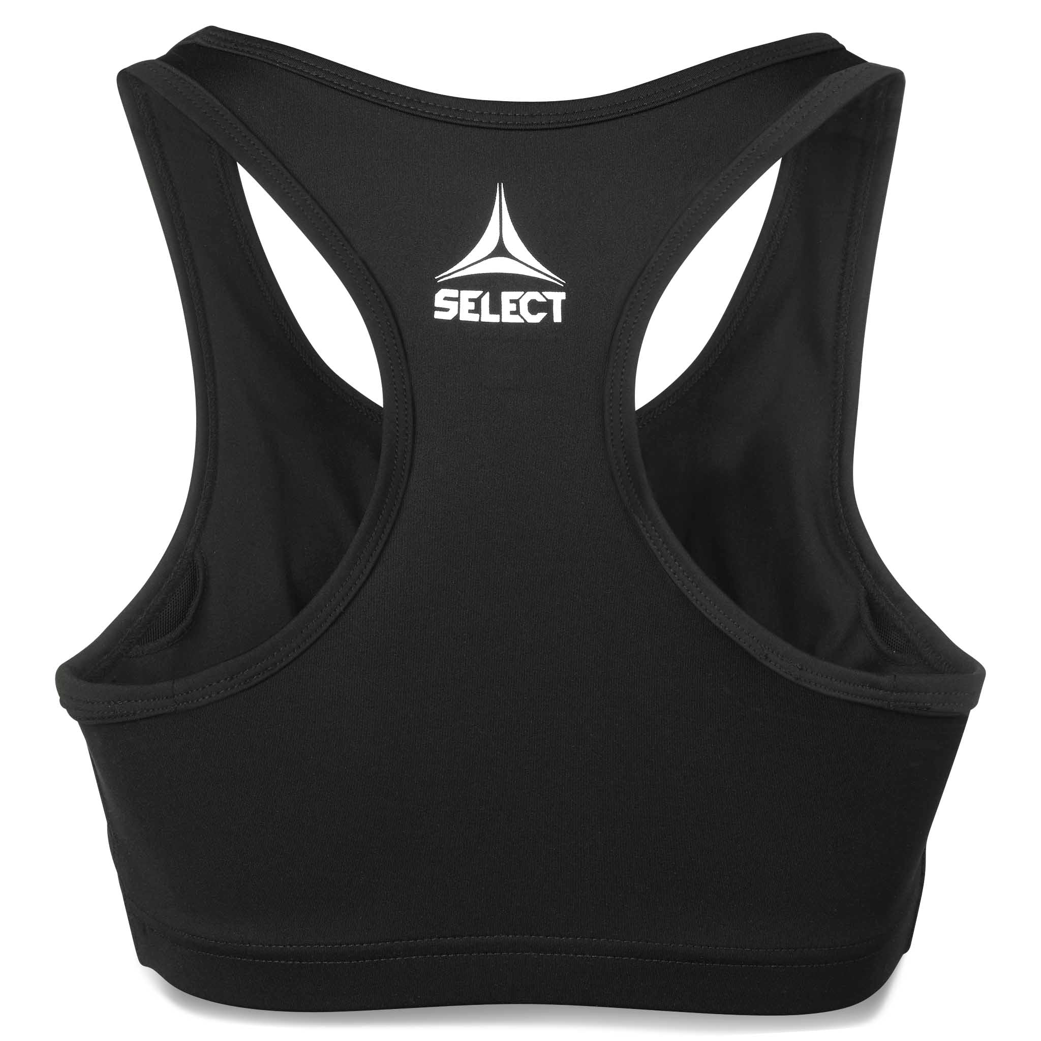 Sort Sports Bra Baselayer, set bagfra med hvidt logo og racerback-design.