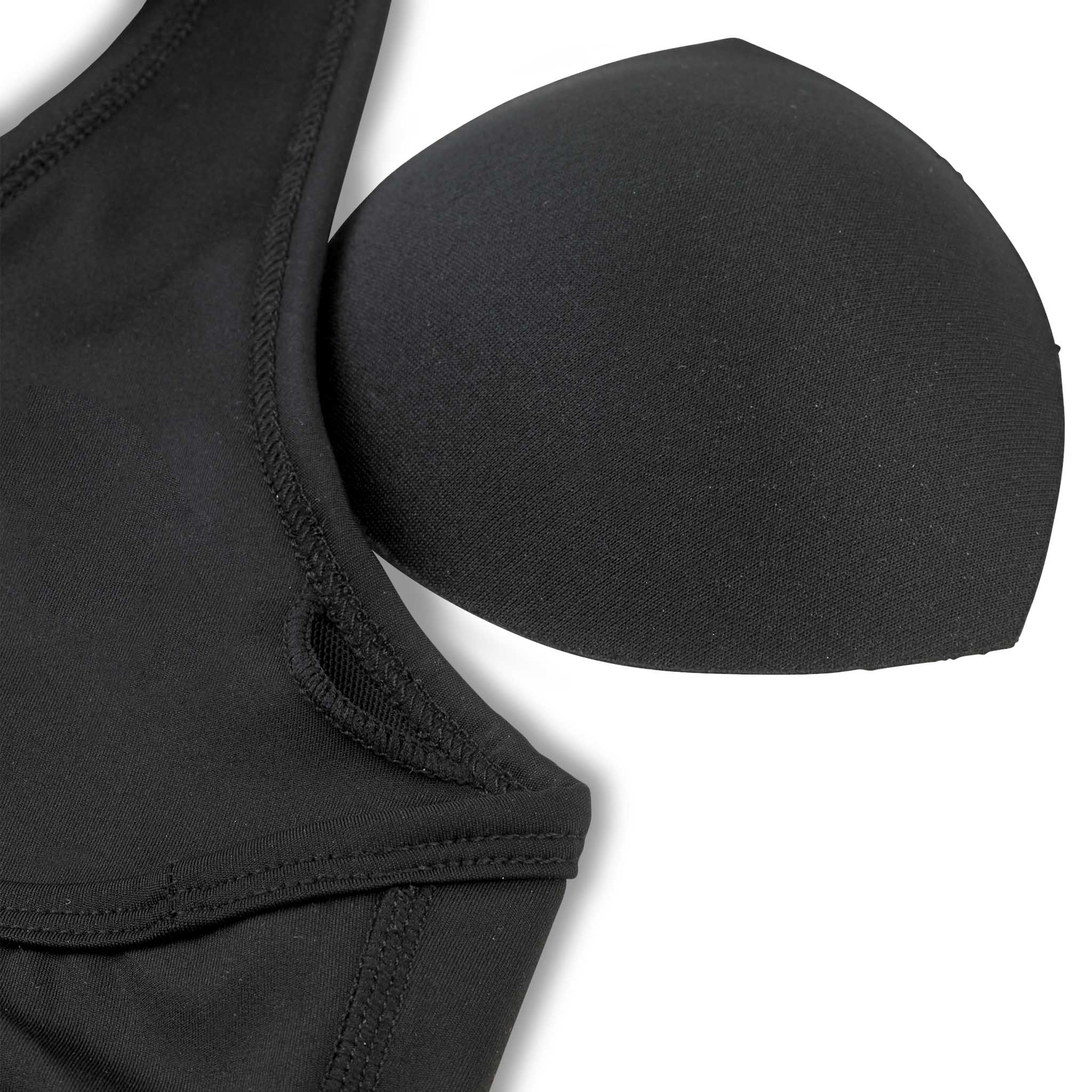 Nærbillede af sort Sports Bra Baselayer med aftagelig polstret indlægspude og syet stofdetalje.