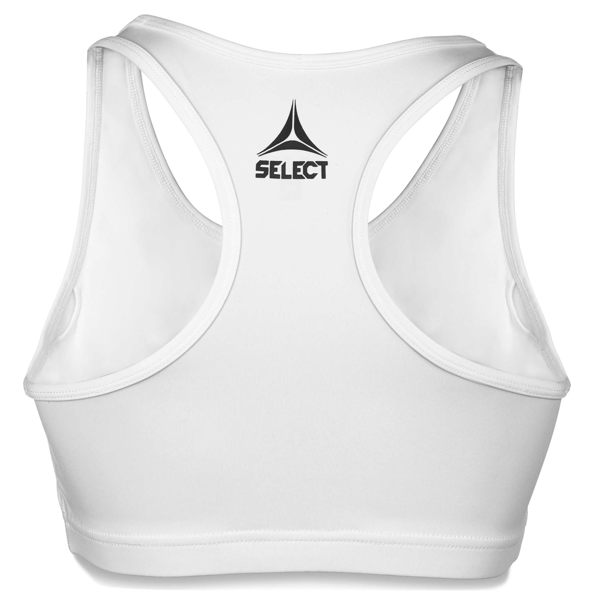 Bagside af hvid Sports Bra Baselayer med sort logo og racerback-design