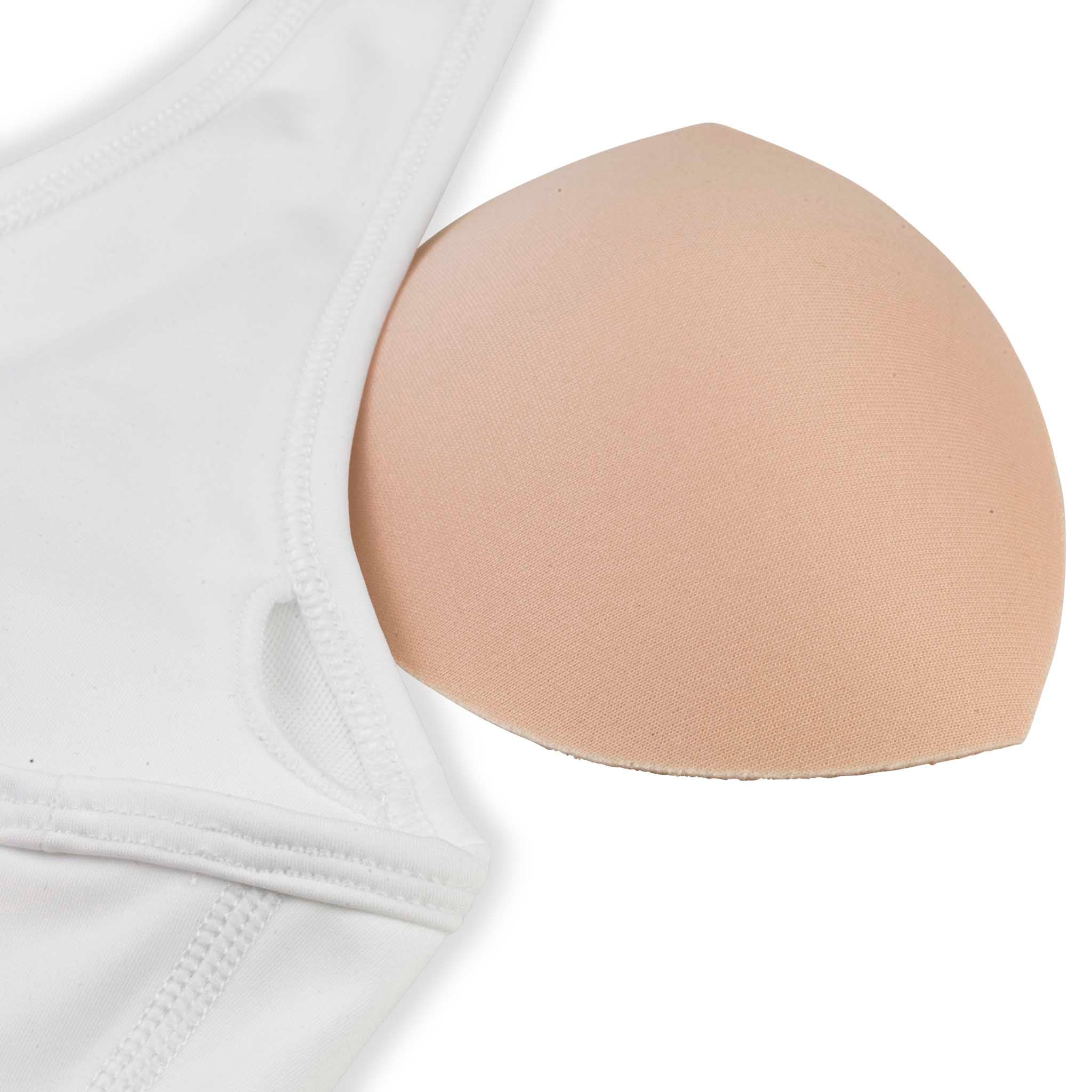 Nærbillede af hvid Sports Bra Baselayer med beige aftagelig indlægspude