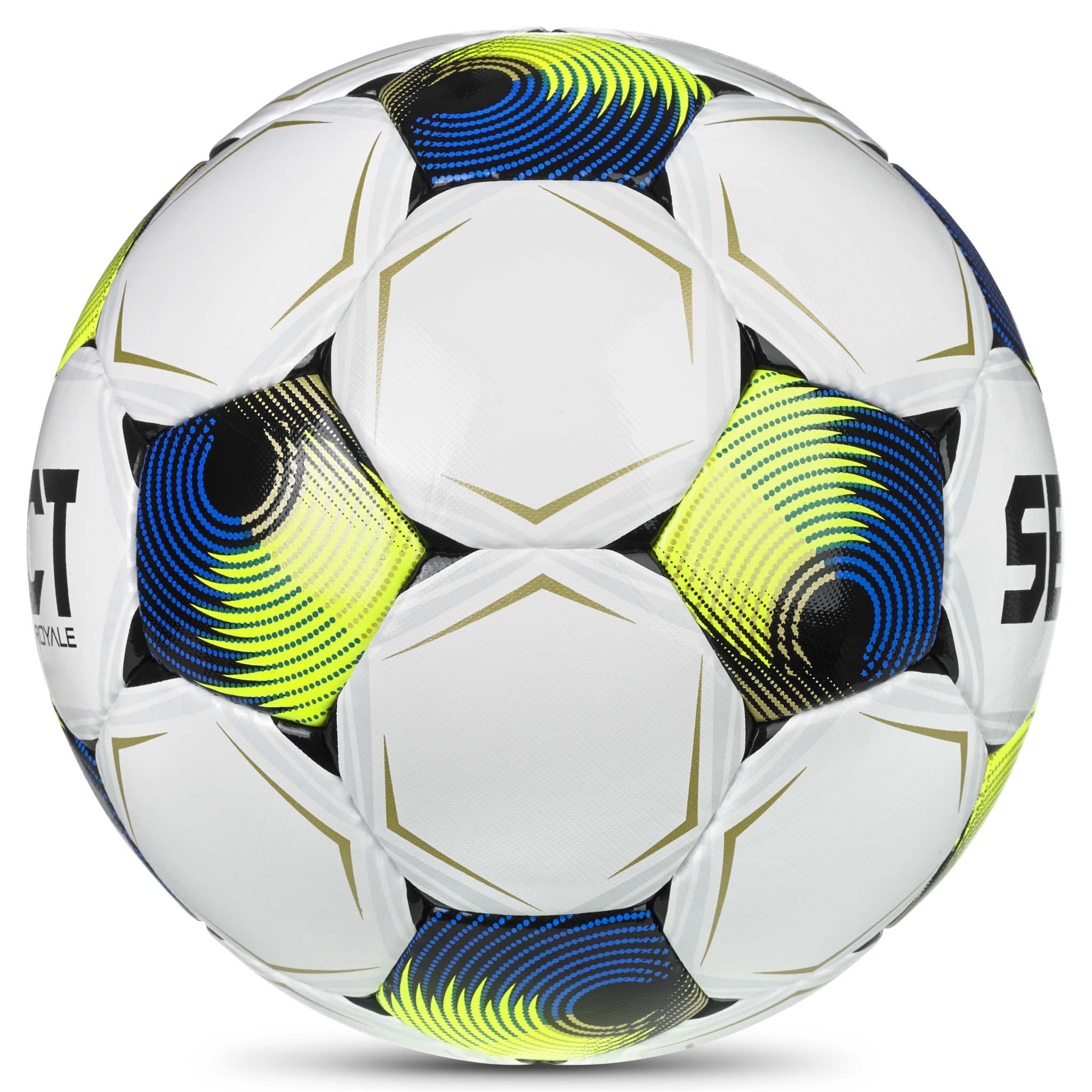 Royale v26 fodbold, set fra højre side, hvid med gule, blå og sorte paneler.