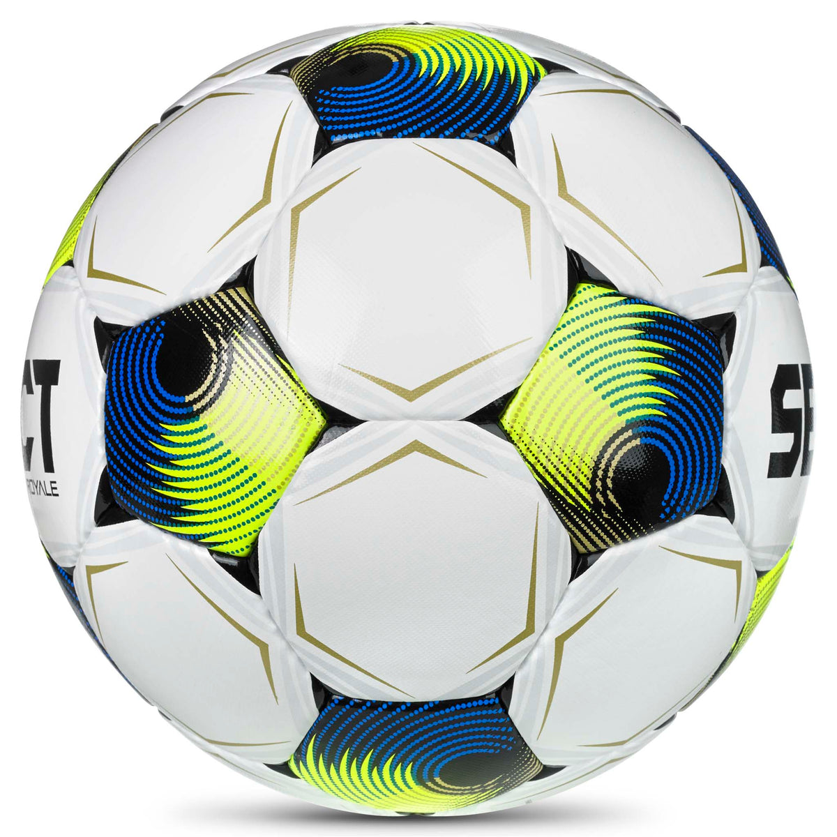 Royale v26 fodbold, set fra højre side, hvid med gule, blå og sorte paneler.