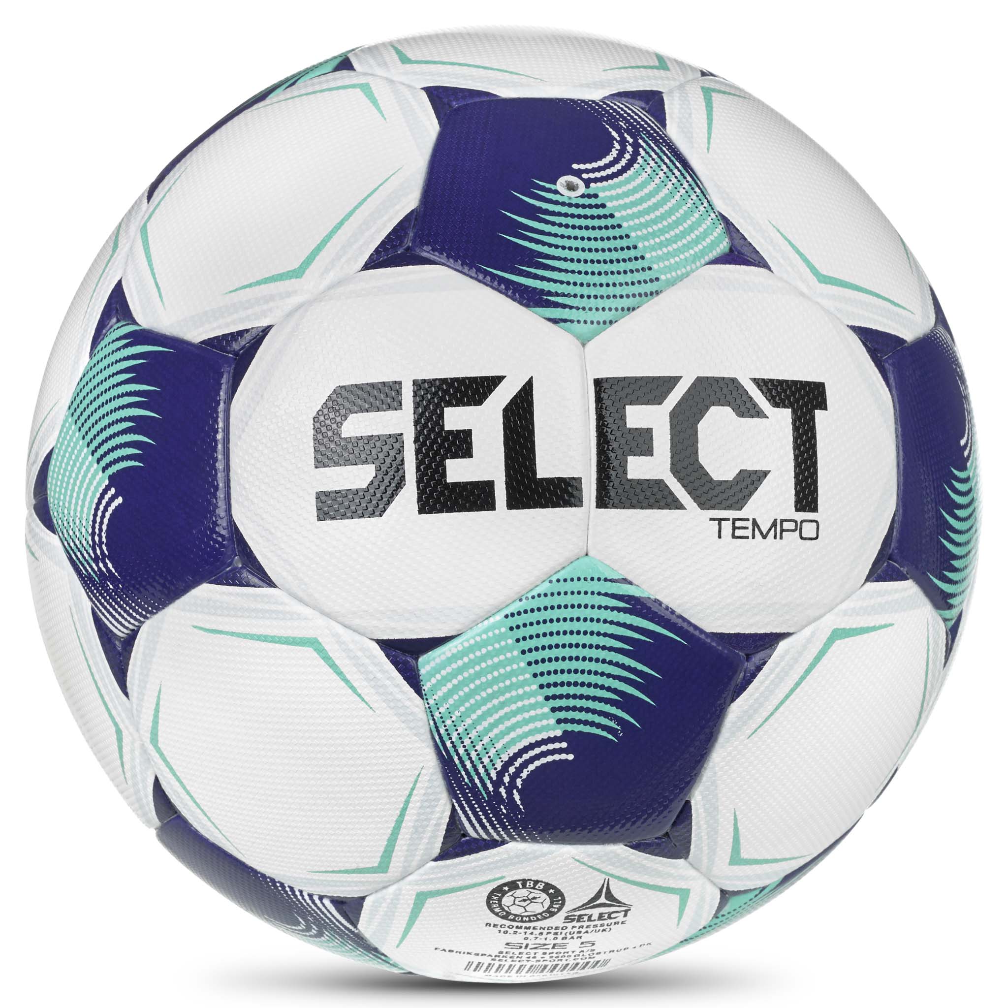 Bagside af Tempo v26 fodbold i hvid med lilla og turkise paneler og sort Select-logo.