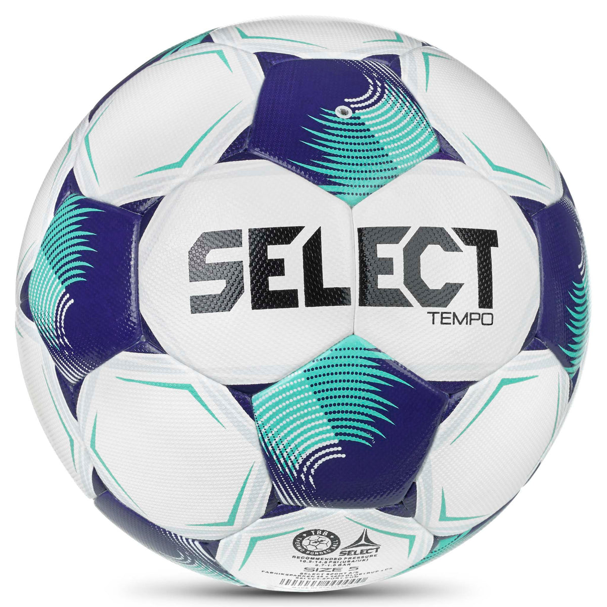 Bagside af Tempo v26 fodbold i hvid med lilla og turkise paneler og sort Select-logo.