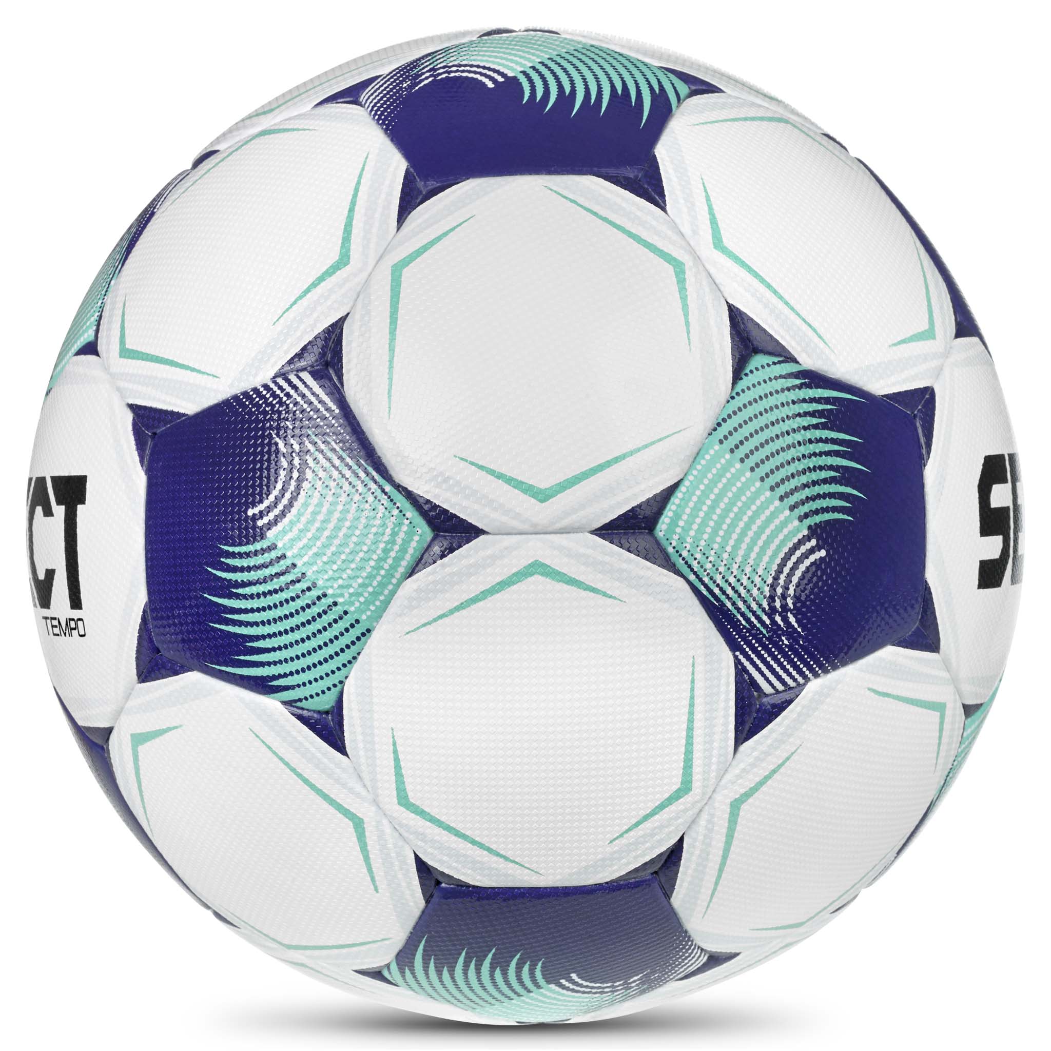 Tempo v26 fodbold i hvid med lilla og turkise detaljer, set fra højre side.