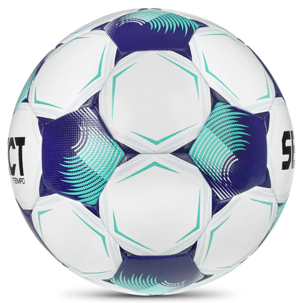 Tempo v26 fodbold i hvid med lilla og turkise detaljer, set fra højre side.