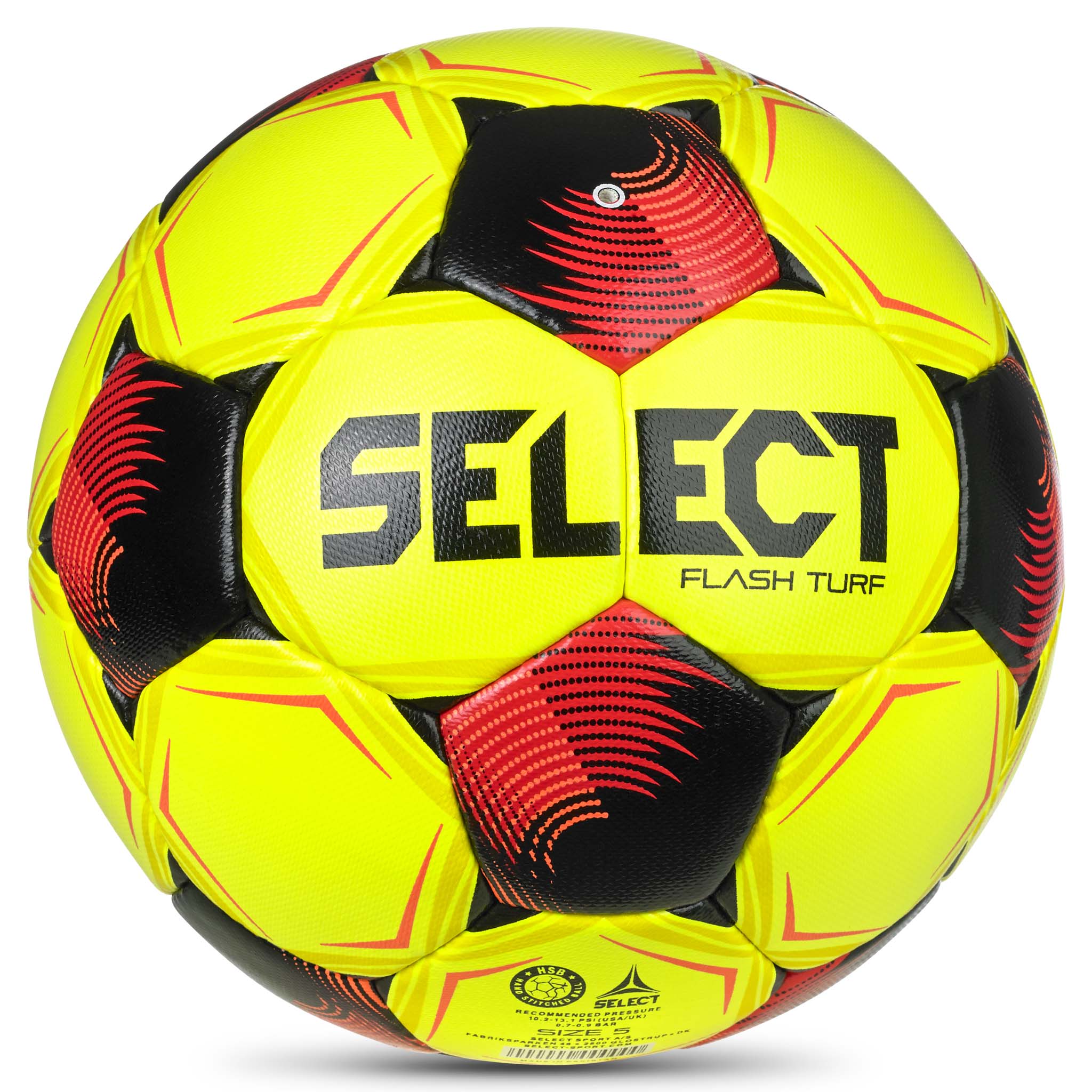Flash Turf v26 fodbold, bagside. Gul bold med sorte og røde paneler og logo.