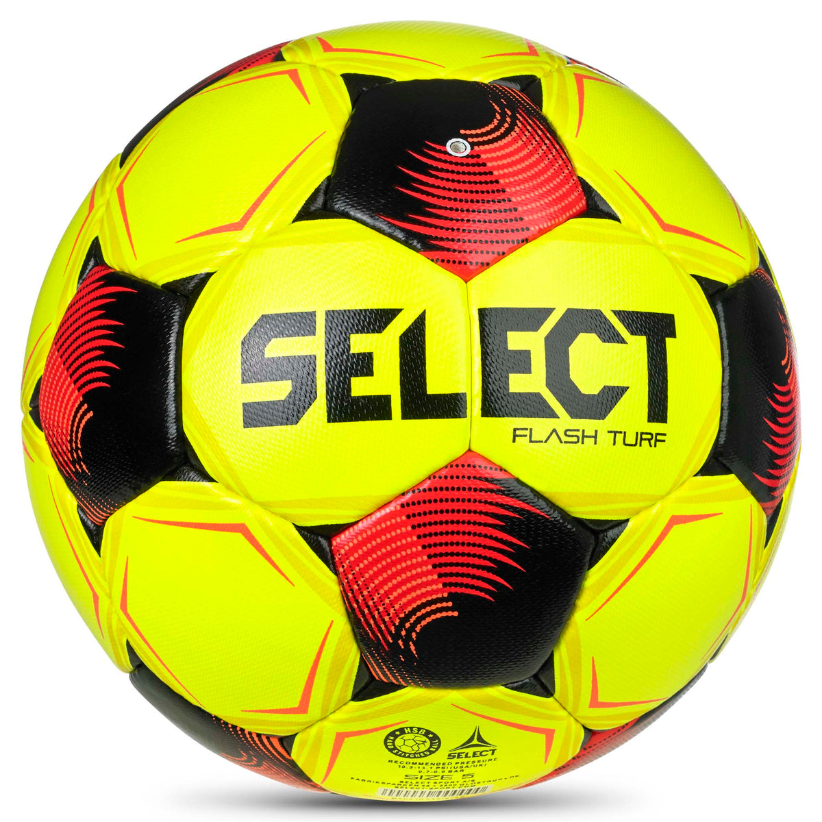 Flash Turf v26 fodbold, bagside. Gul bold med sorte og røde paneler og logo.