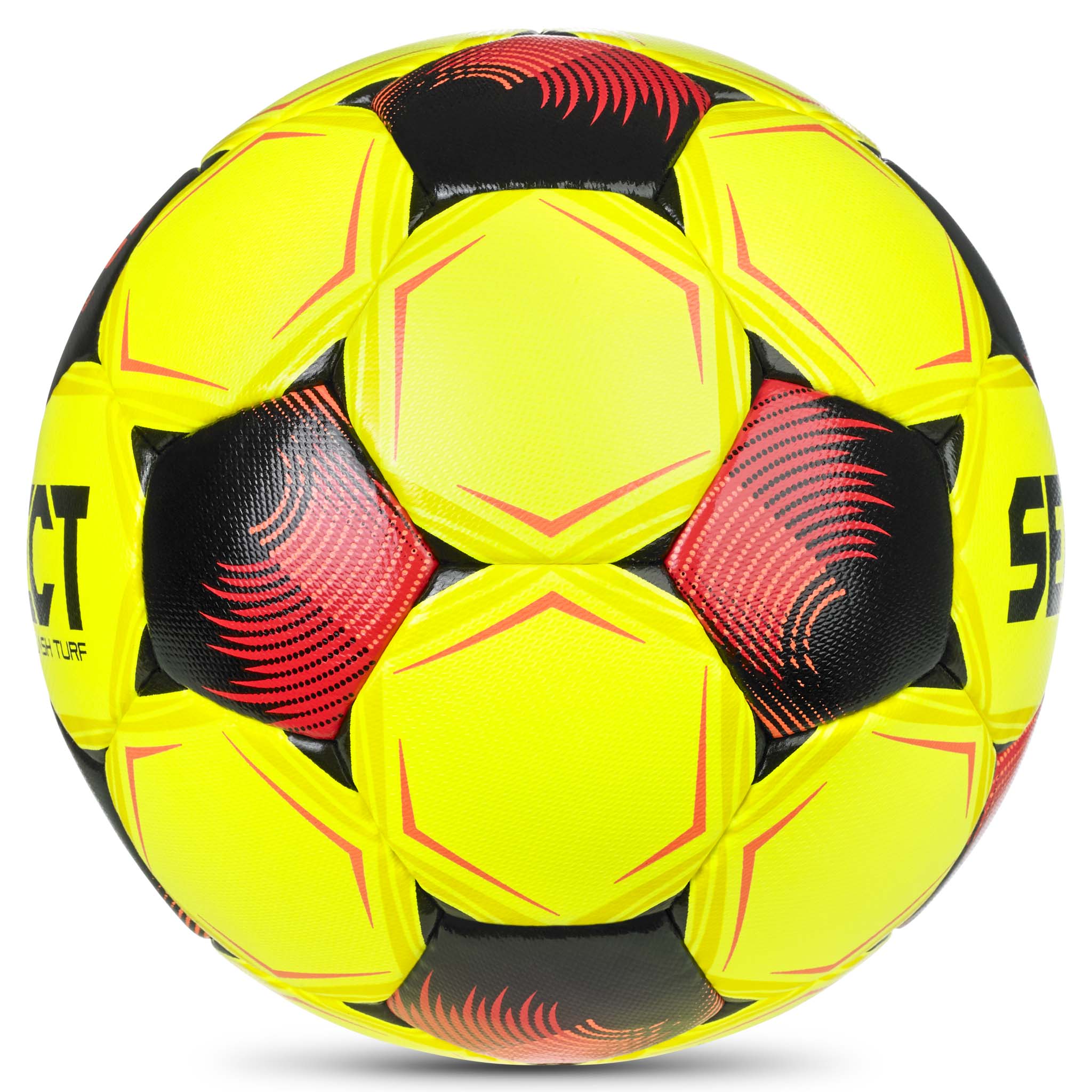 Flash Turf v26 fodbold i gul med røde og sorte detaljer, set fra højre side