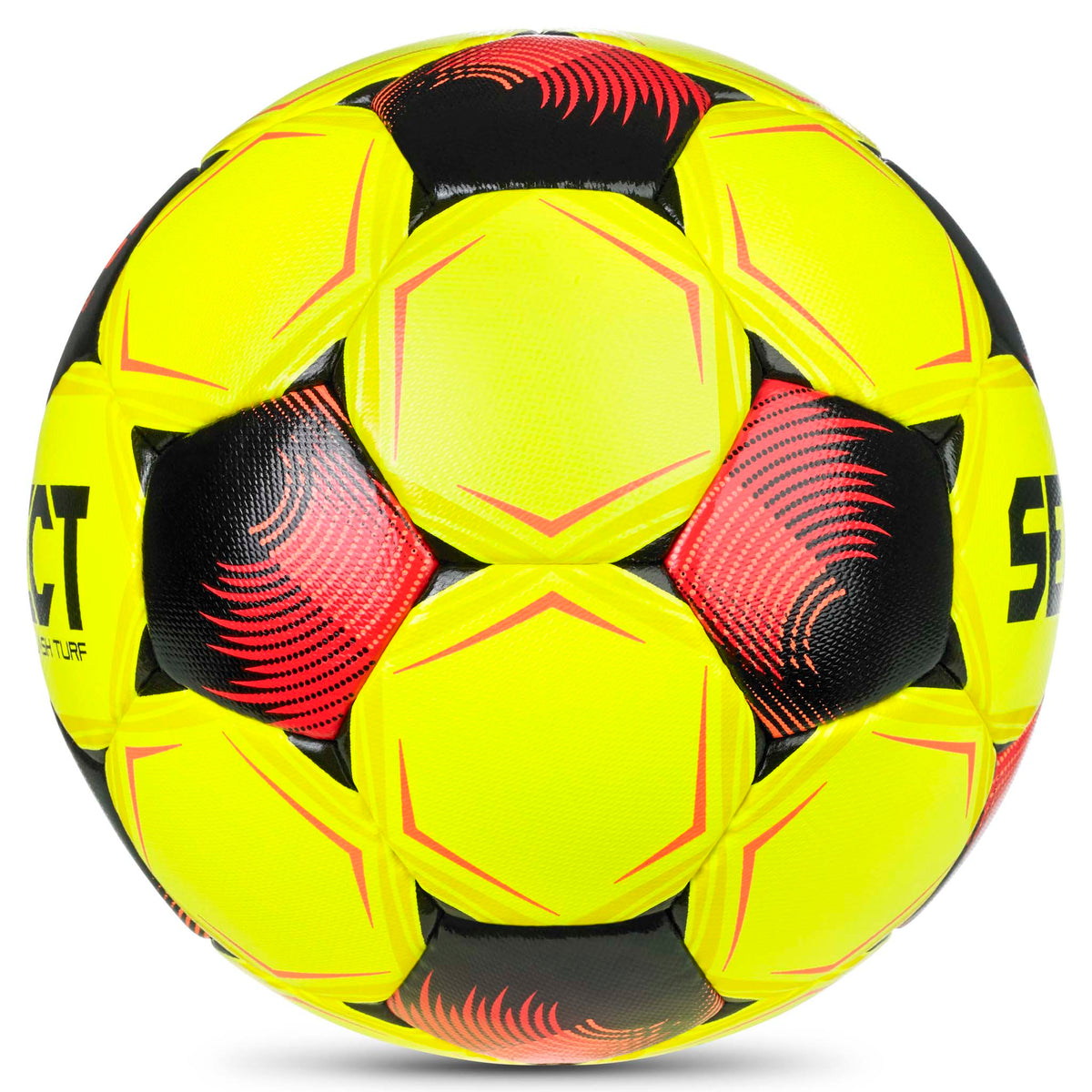 Flash Turf v26 fodbold i gul med røde og sorte detaljer, set fra højre side