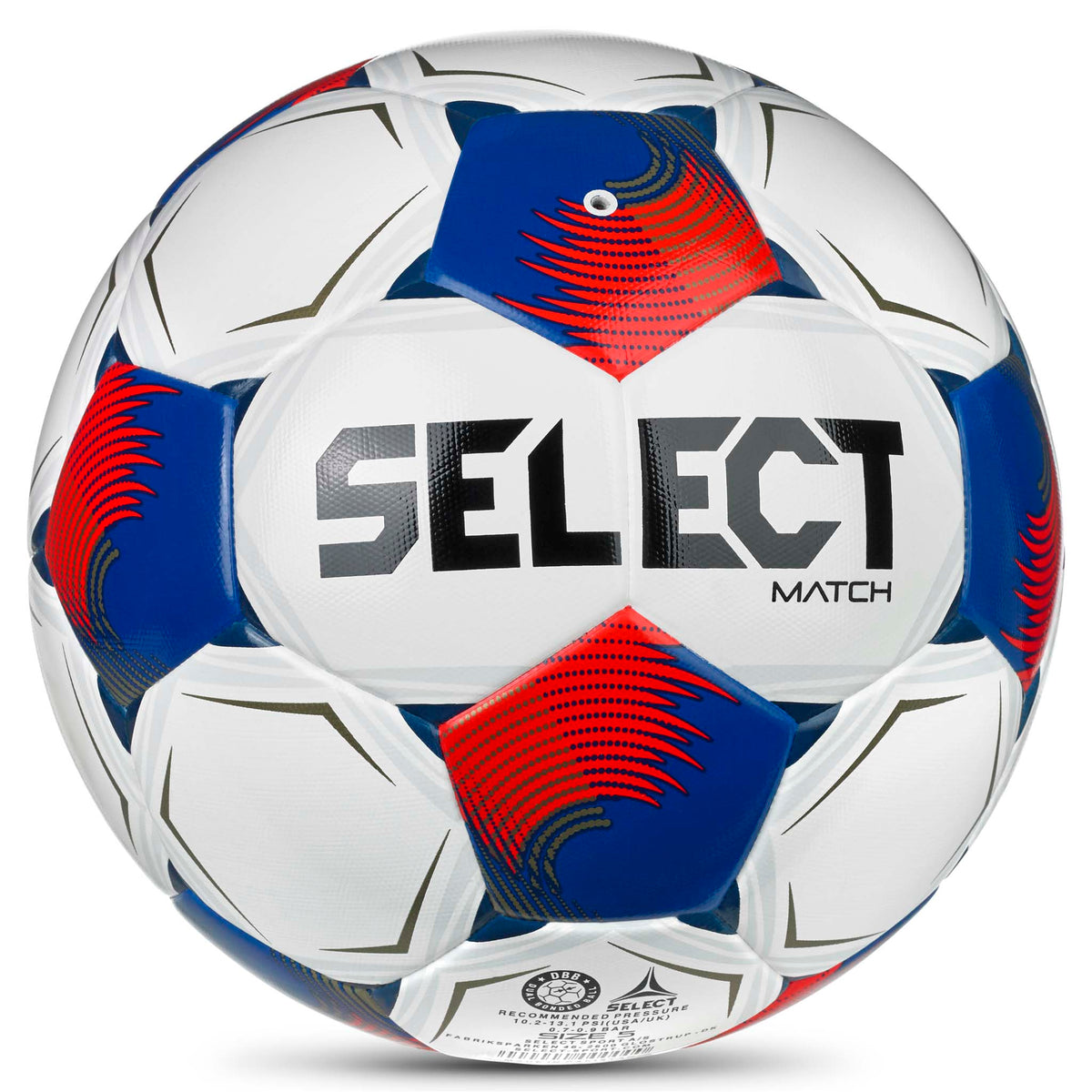 Back page of Match v26 football in white with red and blue panels and black Select logo.
