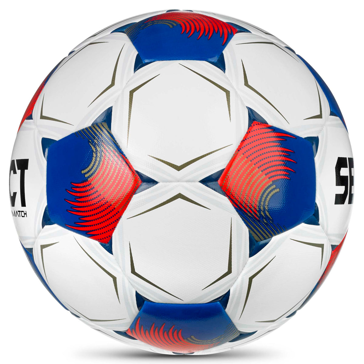 Sidebillede af Match v26 fodbold i hvid med blå og røde paneldetaljer.