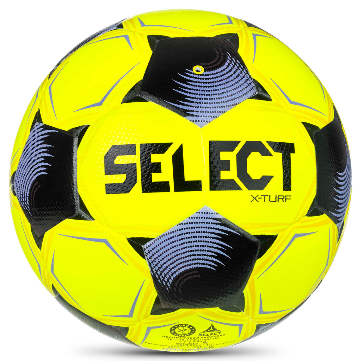 X-Turf v26 football, back page, in yellow with black and purple star panels and Select branding.