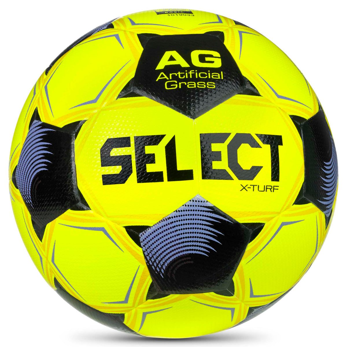 Front page of yellow and purple X-Turf v26 football for artificial grass