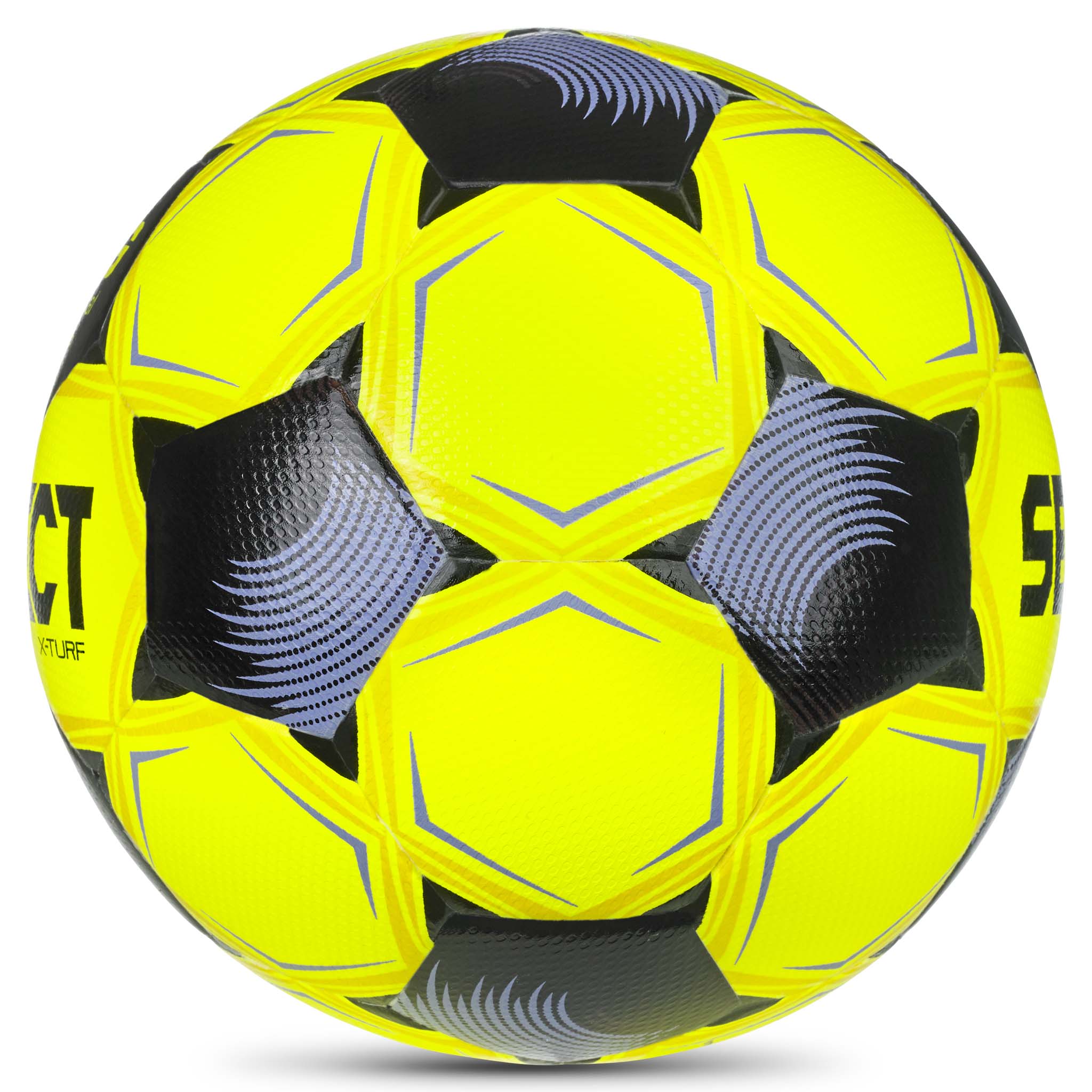 X-Turf v26 gul fodbold med sorte og lilla paneldetaljer, set fra højre side