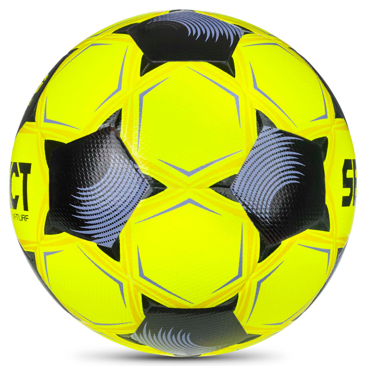 X-Turf v26 gul fodbold med sorte og lilla paneldetaljer, set fra højre side