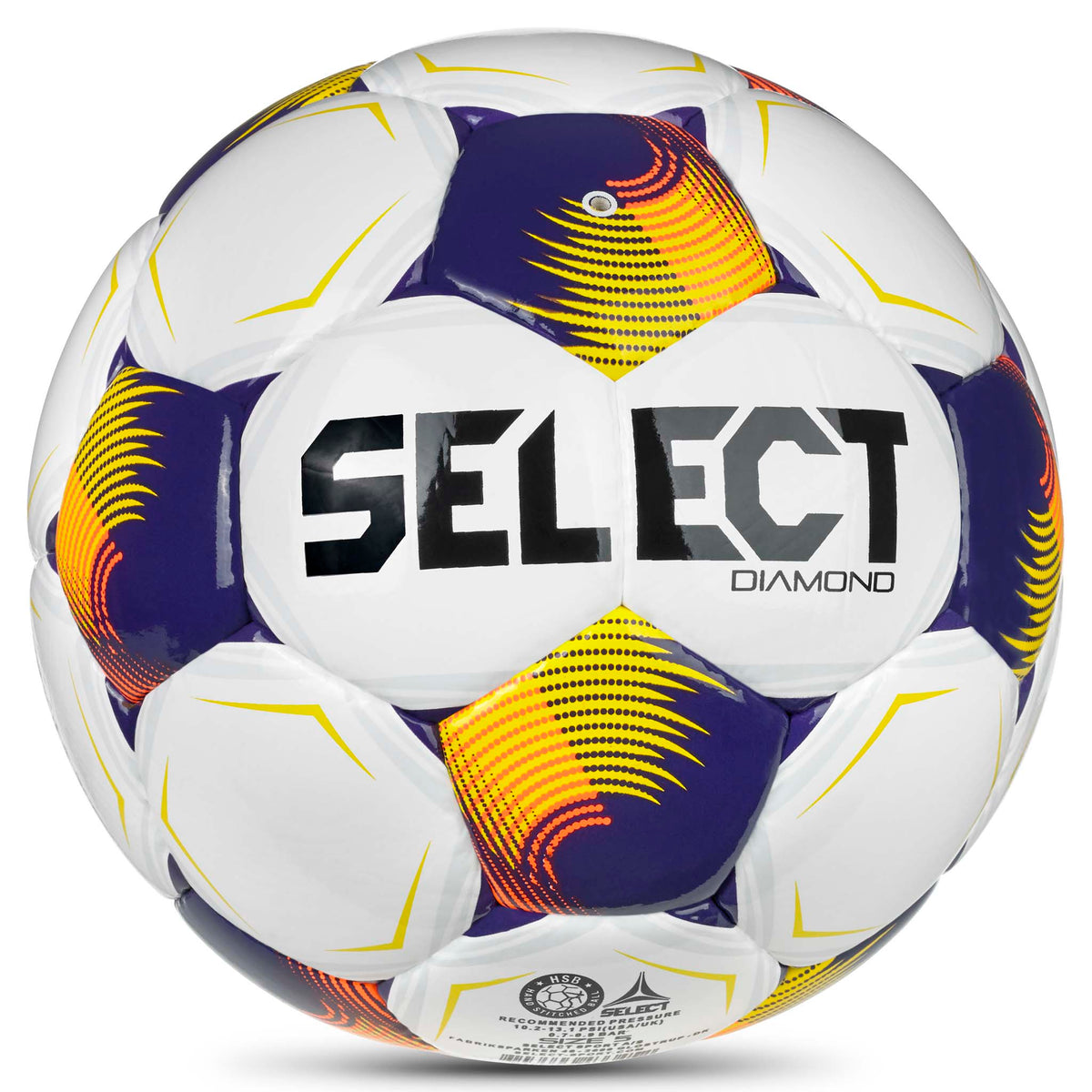 Diamond v26 football, back page. White ball with purple, orange and yellow panels and black logo.