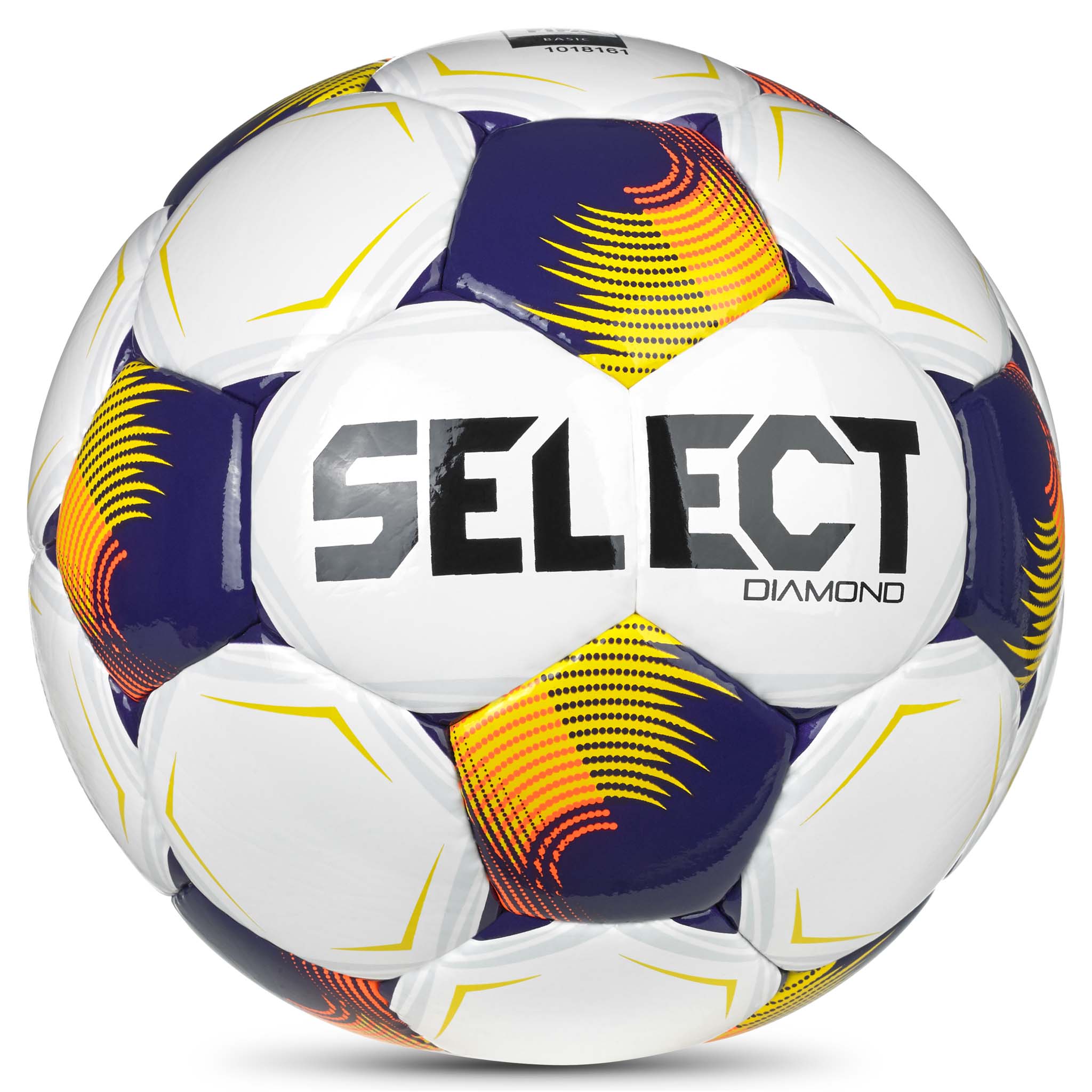 Forside af Diamond v26 fodbold i hvid med blå, orange og gule detaljer
