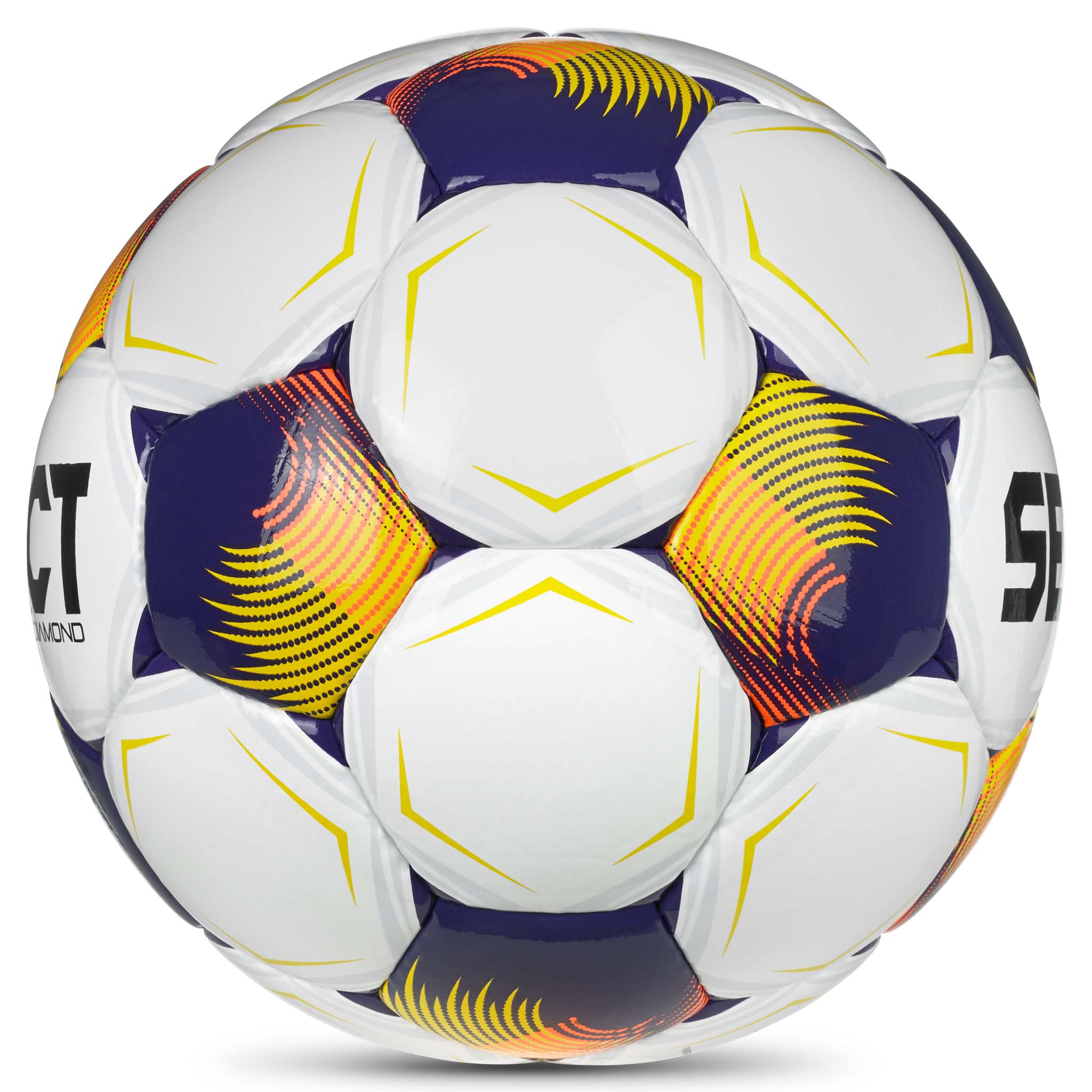 Diamond v26 fodbold i hvid med blå, orange og gule detaljer, set fra højre side.
