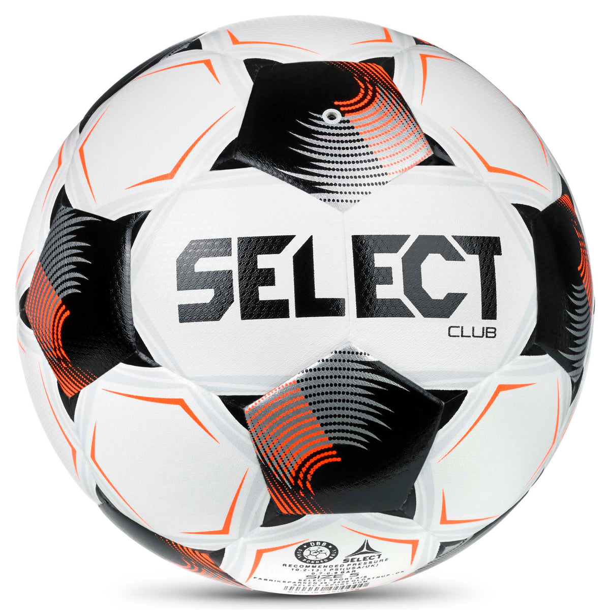 Club v26 fodbold bagside, hvid med sorte og orange paneler og Select-logo.