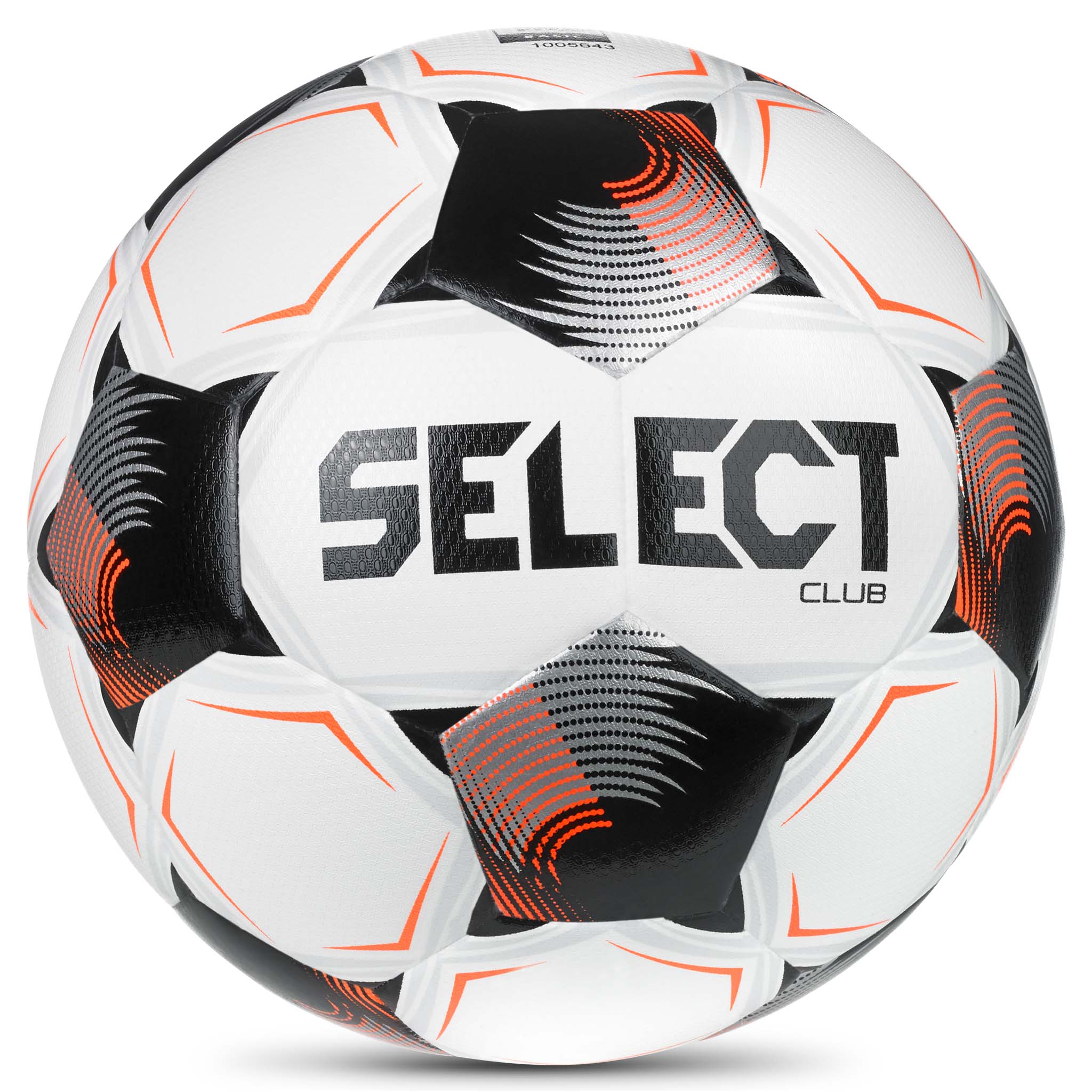 Club v26 fodbold, forside. Hvid bold med sorte og orange paneler og Select-logo.