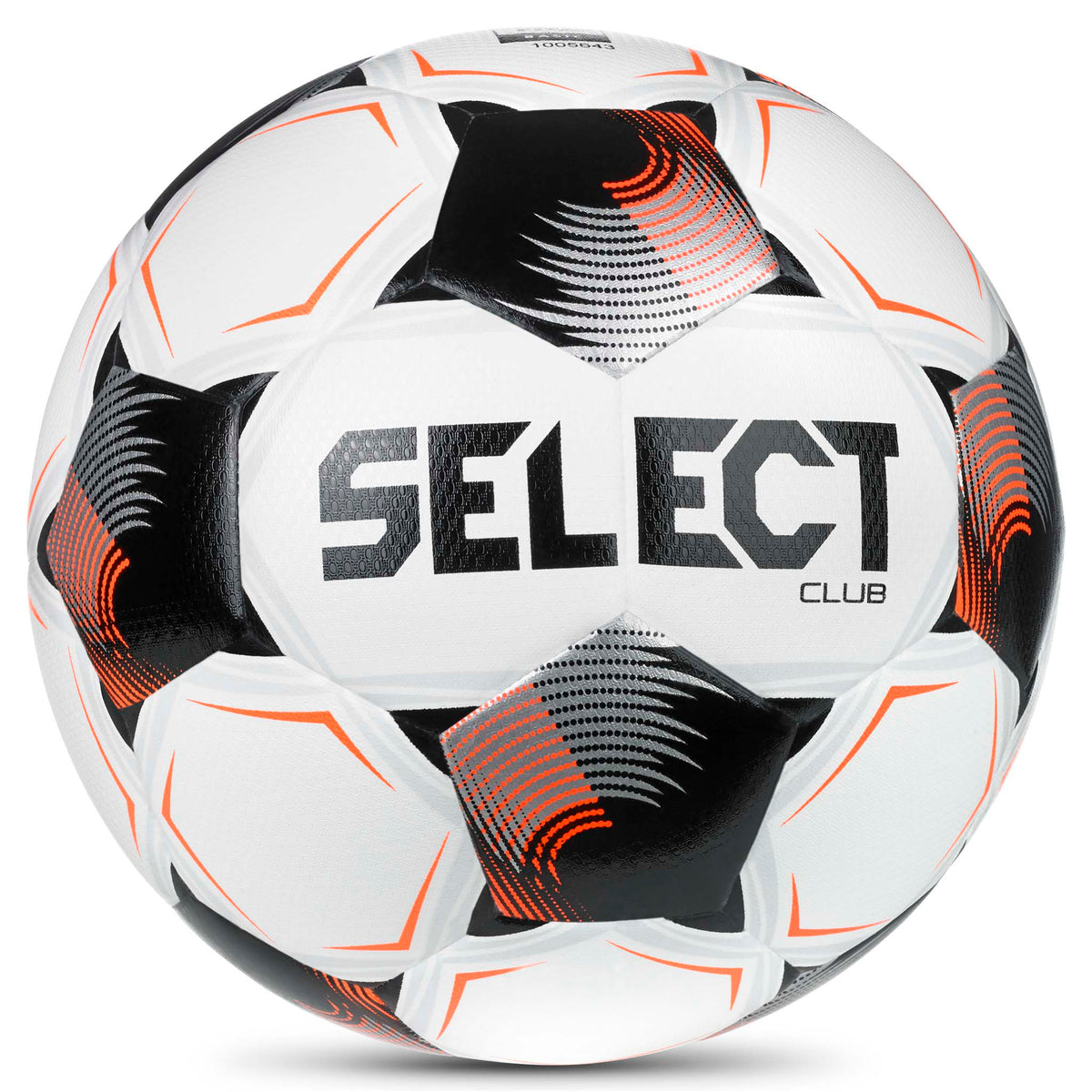Club v26 fodbold, forside. Hvid bold med sorte og orange paneler og Select-logo.