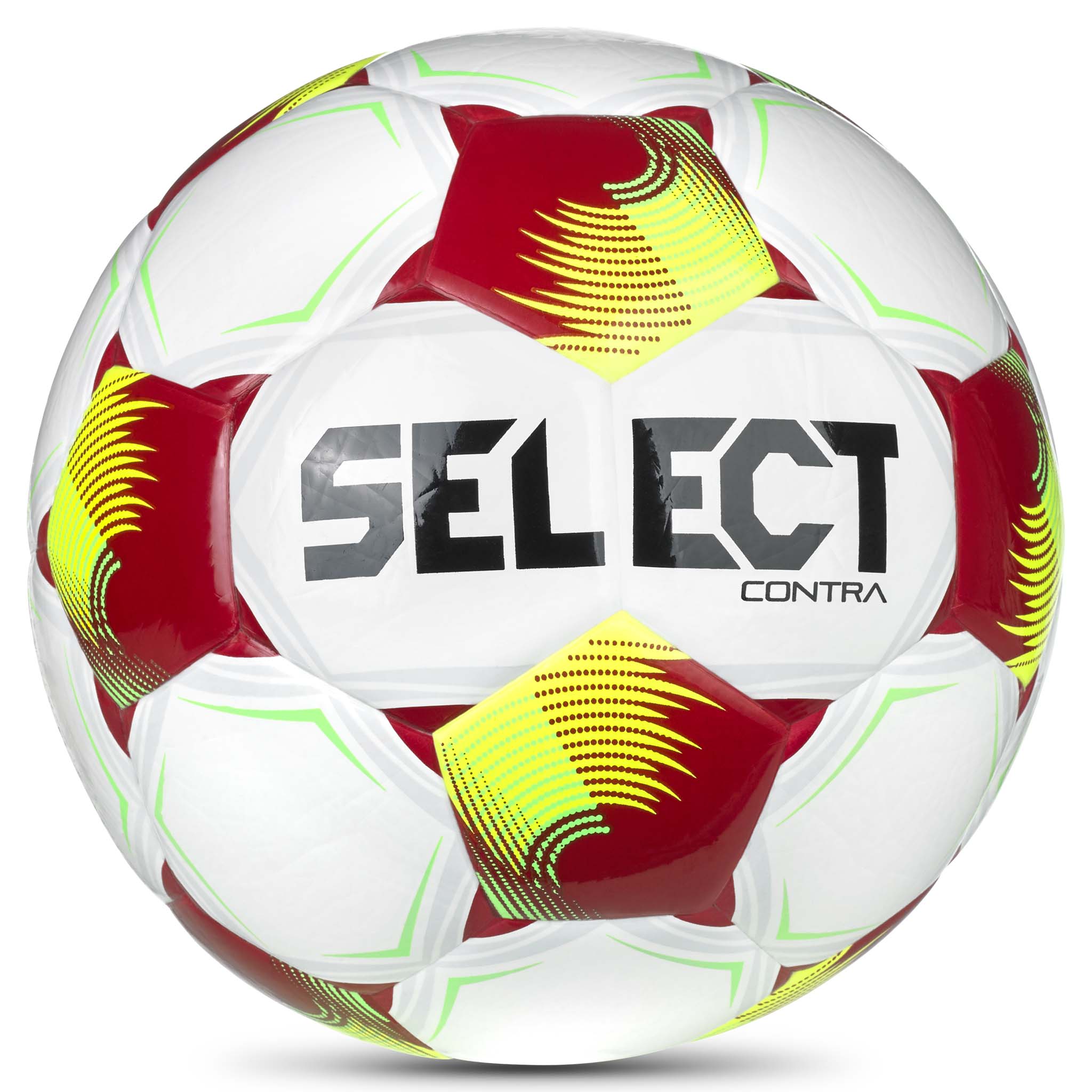 Contra v26 fodbold, forside. Hvid bold med røde, gule og grønne detaljer og Select-logo.