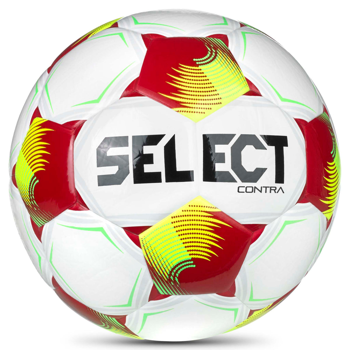 Contra v26 football, front page. White ball with red, yellow and green accents and Select branding.