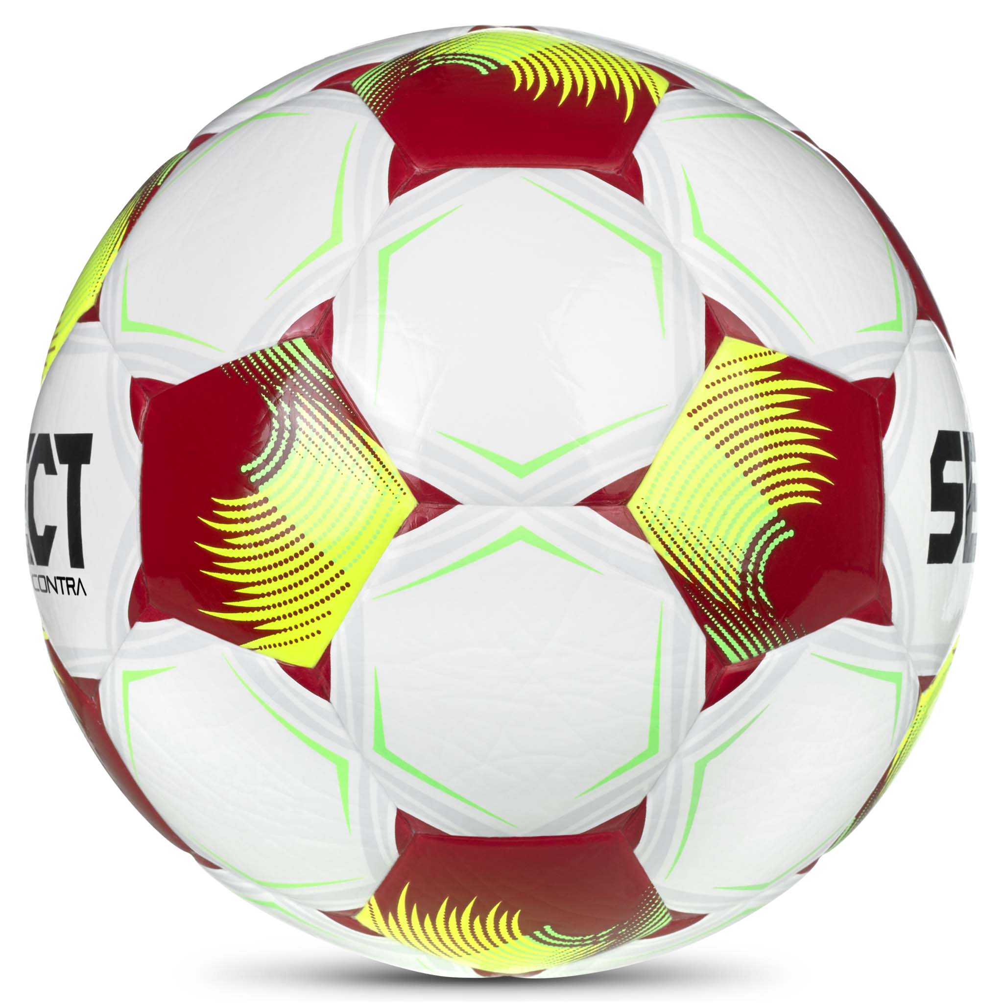 Contra v26 fodbold, højre side. Hvid bold med røde, gule og grønne detaljer.