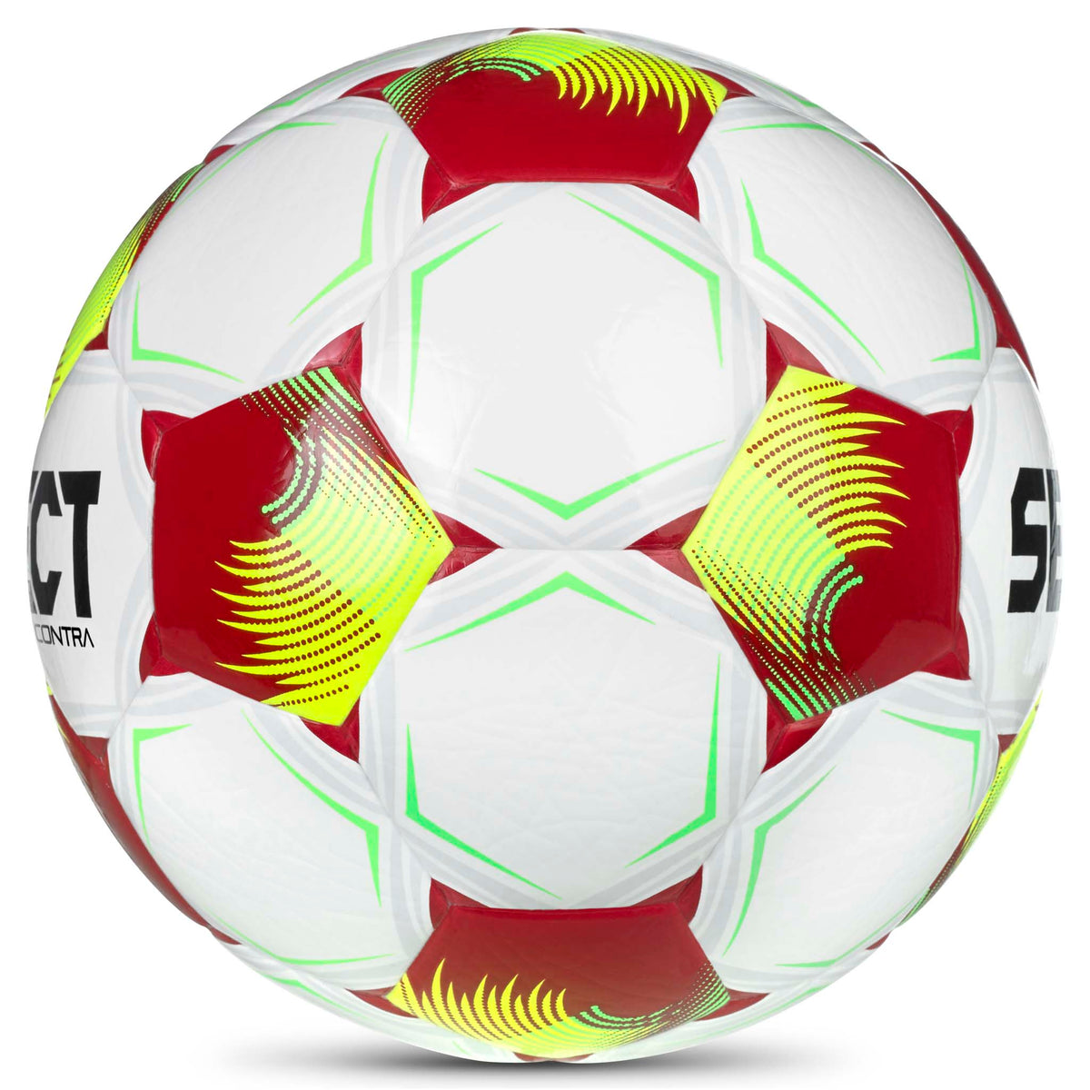 Contra v26 fodbold, højre side. Hvid bold med røde, gule og grønne detaljer.