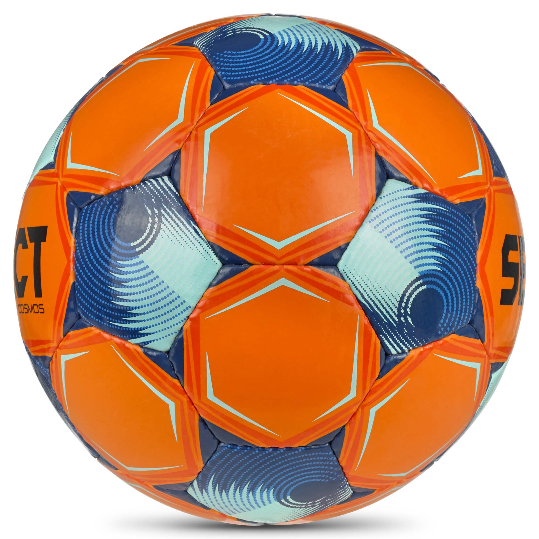 Cosmos v26 fodbold i orange med blå og turkise paneler, set fra højre side.