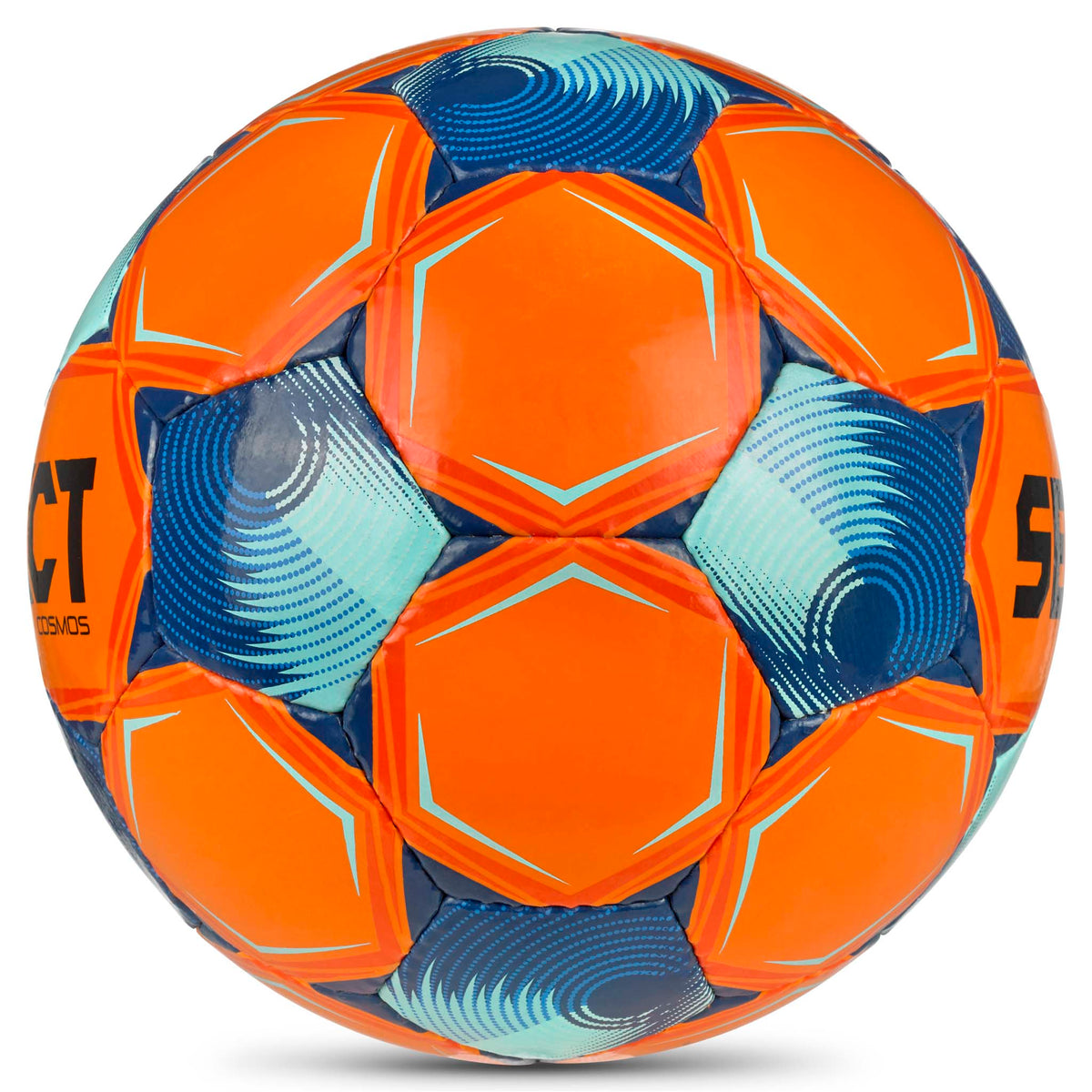 Cosmos v26 fodbold i orange med blå og turkise paneler, set fra højre side.