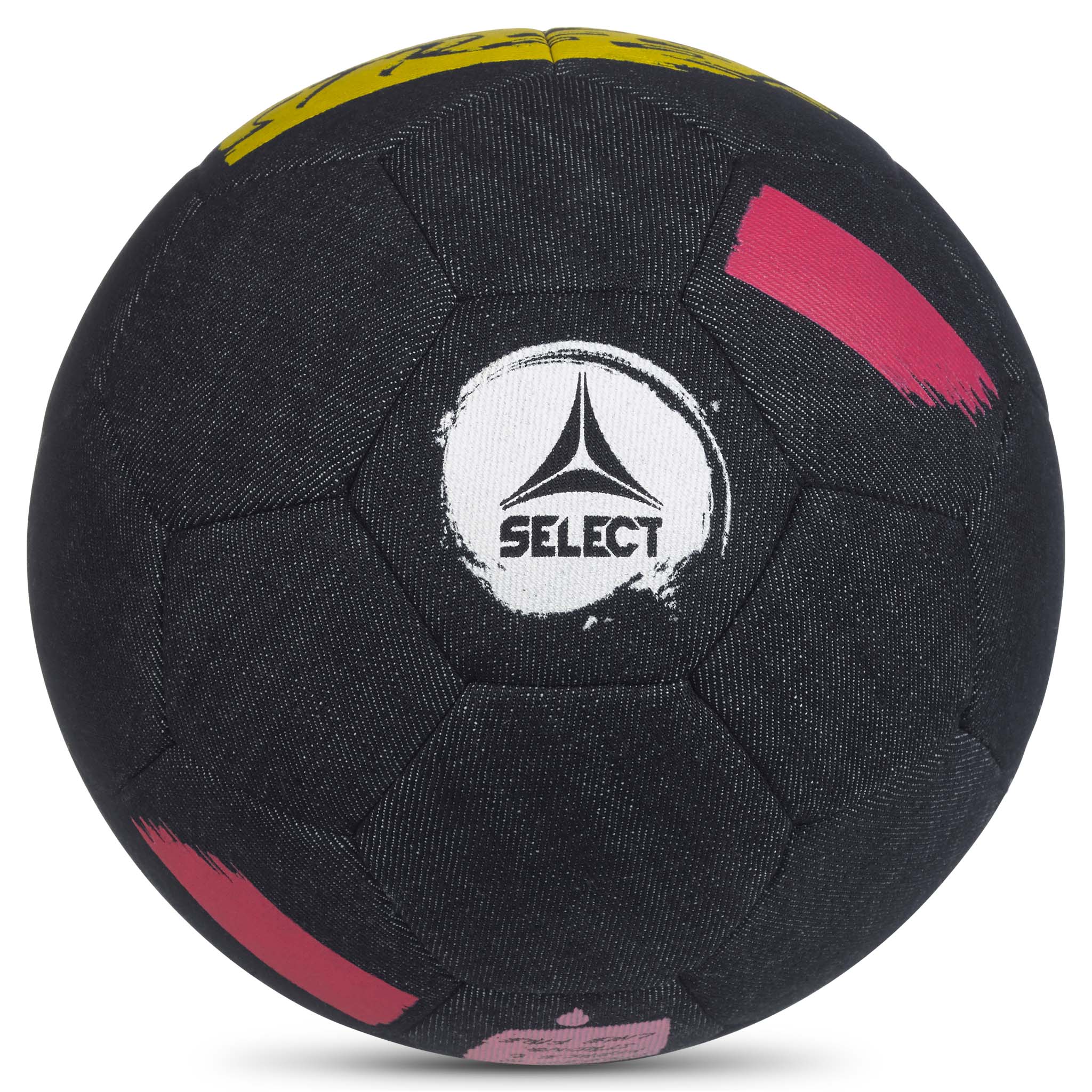 Street v26 fodbold i sort med pink og gule detaljer, Select-logo, set forfra.