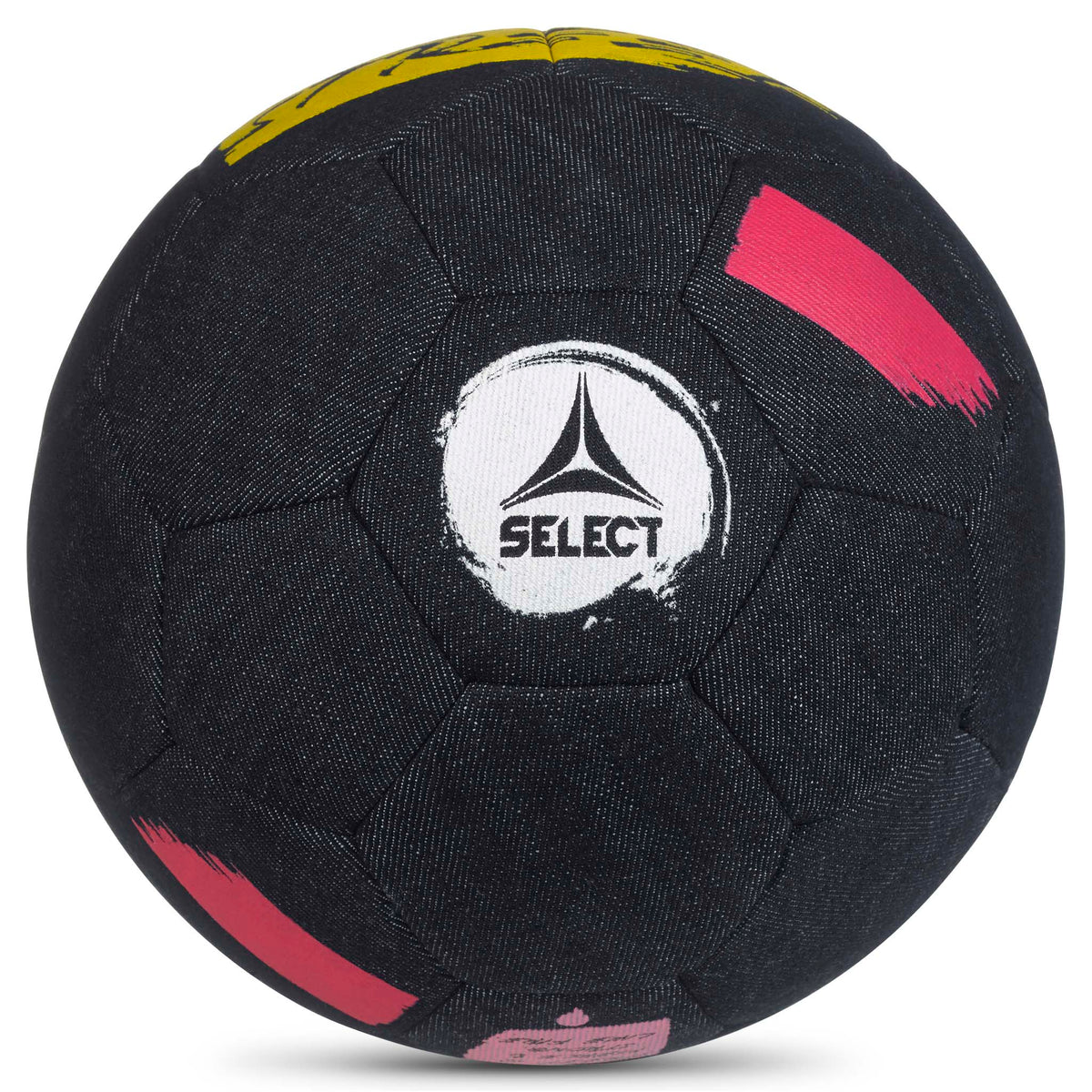 Street v26 fodbold i sort med pink og gule detaljer, Select-logo, set forfra.
