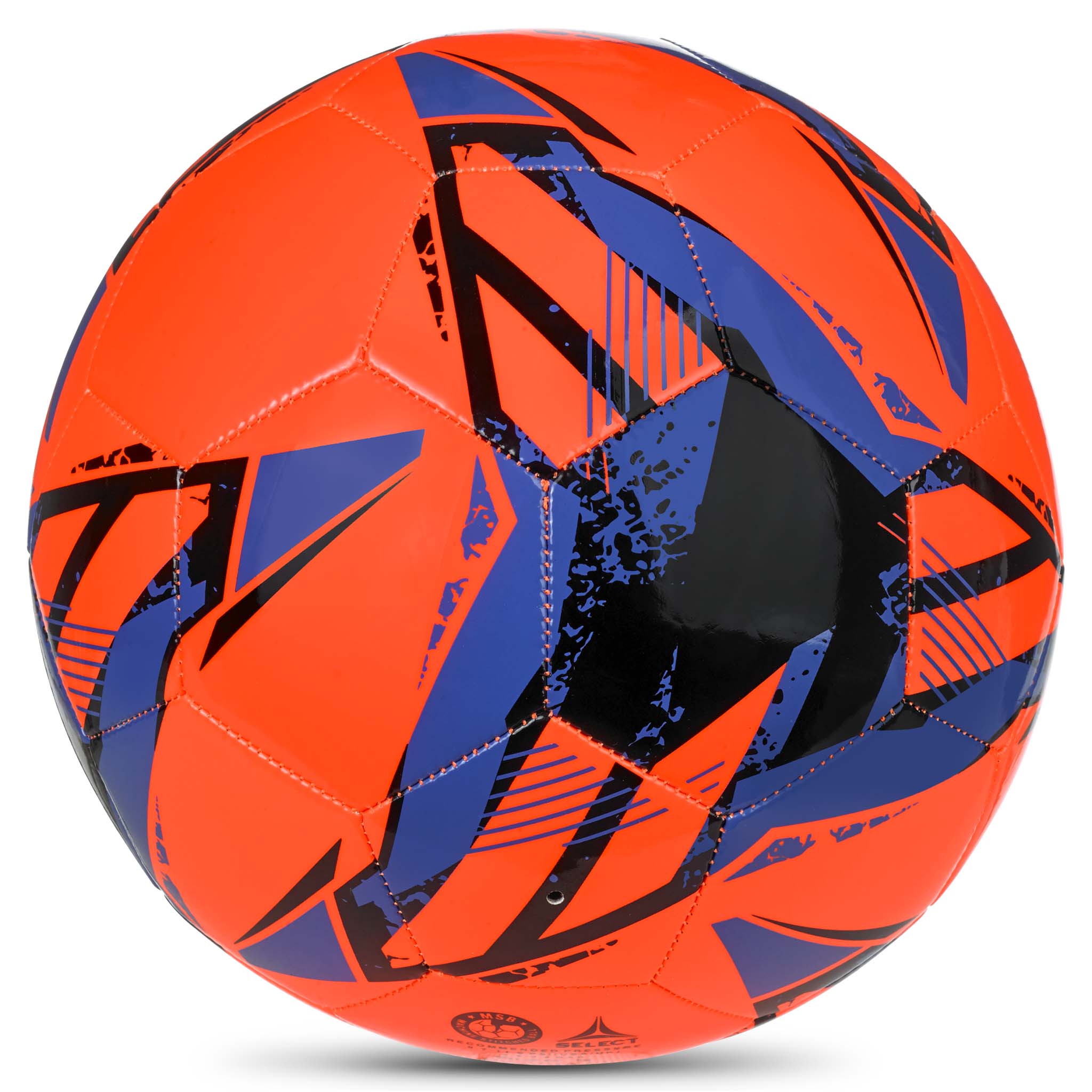 Classic v26 fodbold i orange med blå og sorte mønstre, bagsidevisning.